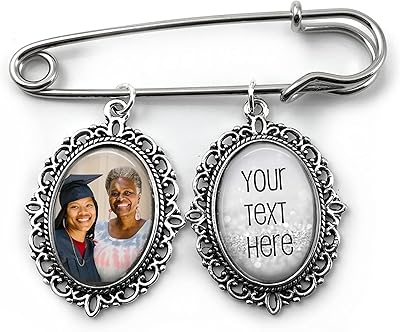 Oval Photo and Your Custom Text Charms Groom Wedding Memorial Lapel Boutonniere Pin (Silver Pin)