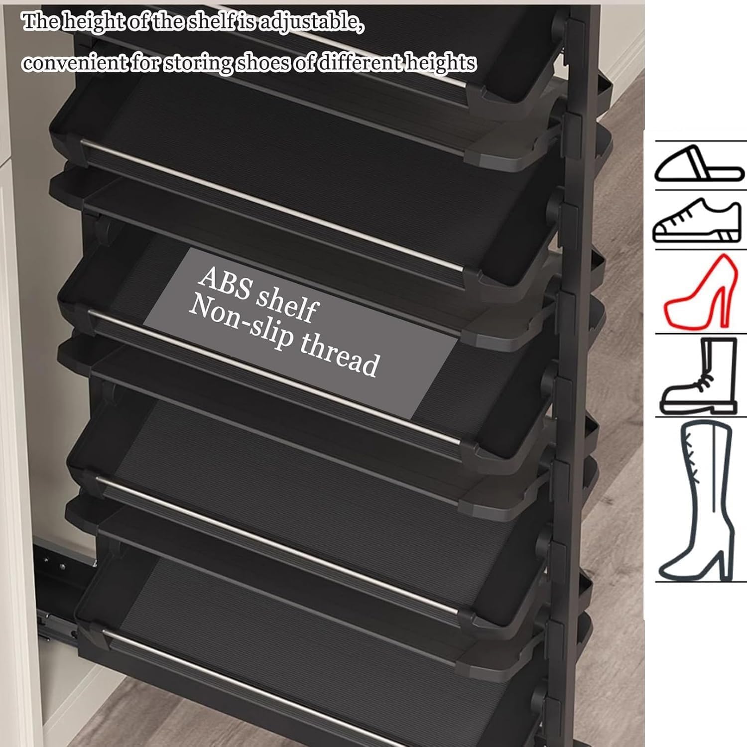 Pull-Out Shoe Rack Organizer, Adjustable Height Retractable Metal Stackable Shoe Rack, Retractable Design, Vertical Storage, Maximize Space Utilization Perfect for Bedroom and Entryway
