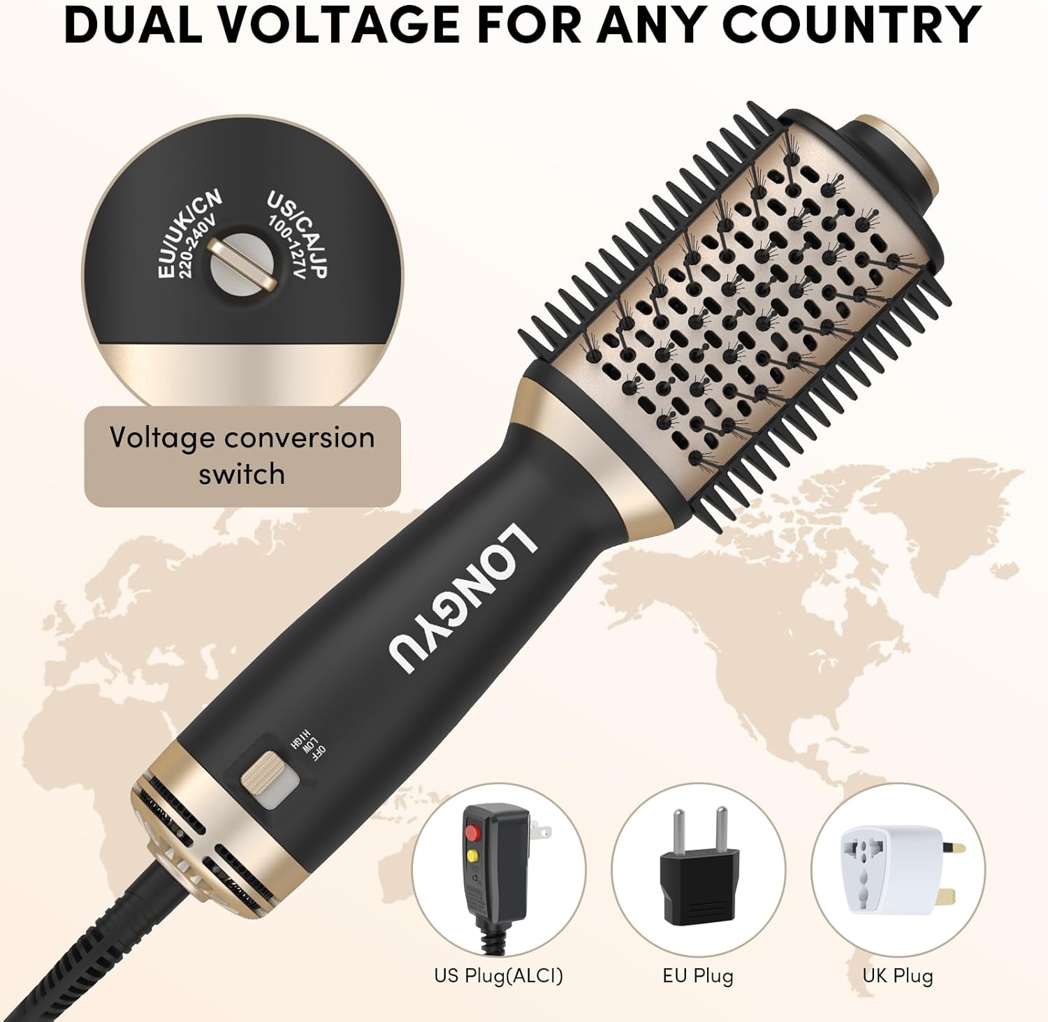 Longyu Travel Dual Voltage Hair Dryer Brush Mini Hot Air Brush with European Plug 110V-240V One Step Blow Dryer and Styler Volumizer for Home & Salon (Black)