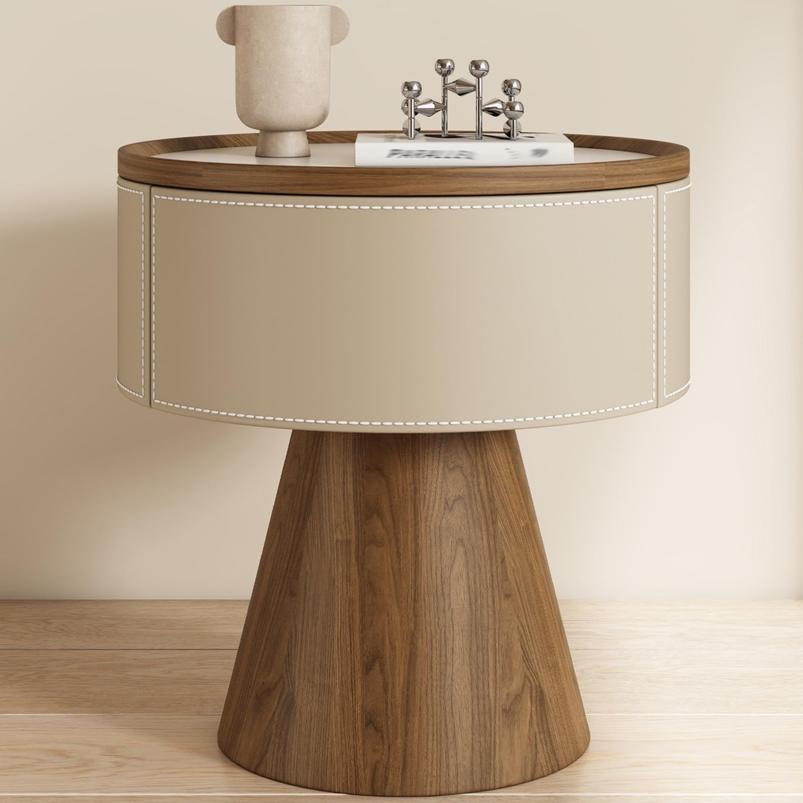 Table d'appoint fonctionnelle ronde en bois avec plateau de roche et tiroir chic