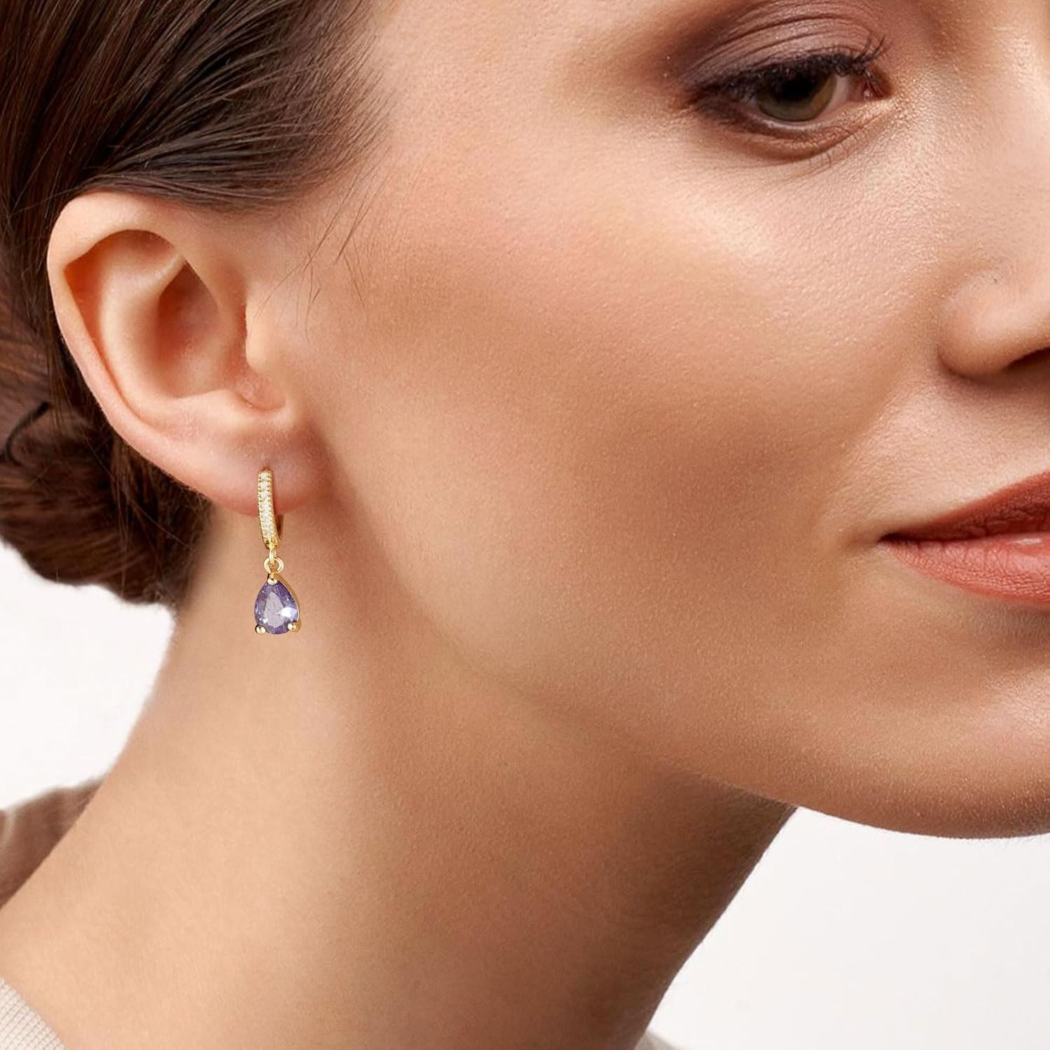 Kyerlyn 14K Gold Plated Birthstone Hoop Earrings for Women, Teardrop Birthstone Dangle Earrings Dainty Hoop Huggie Earrings Personalized Charm Minimalist Jewelry Birthday Gifts - Image 4