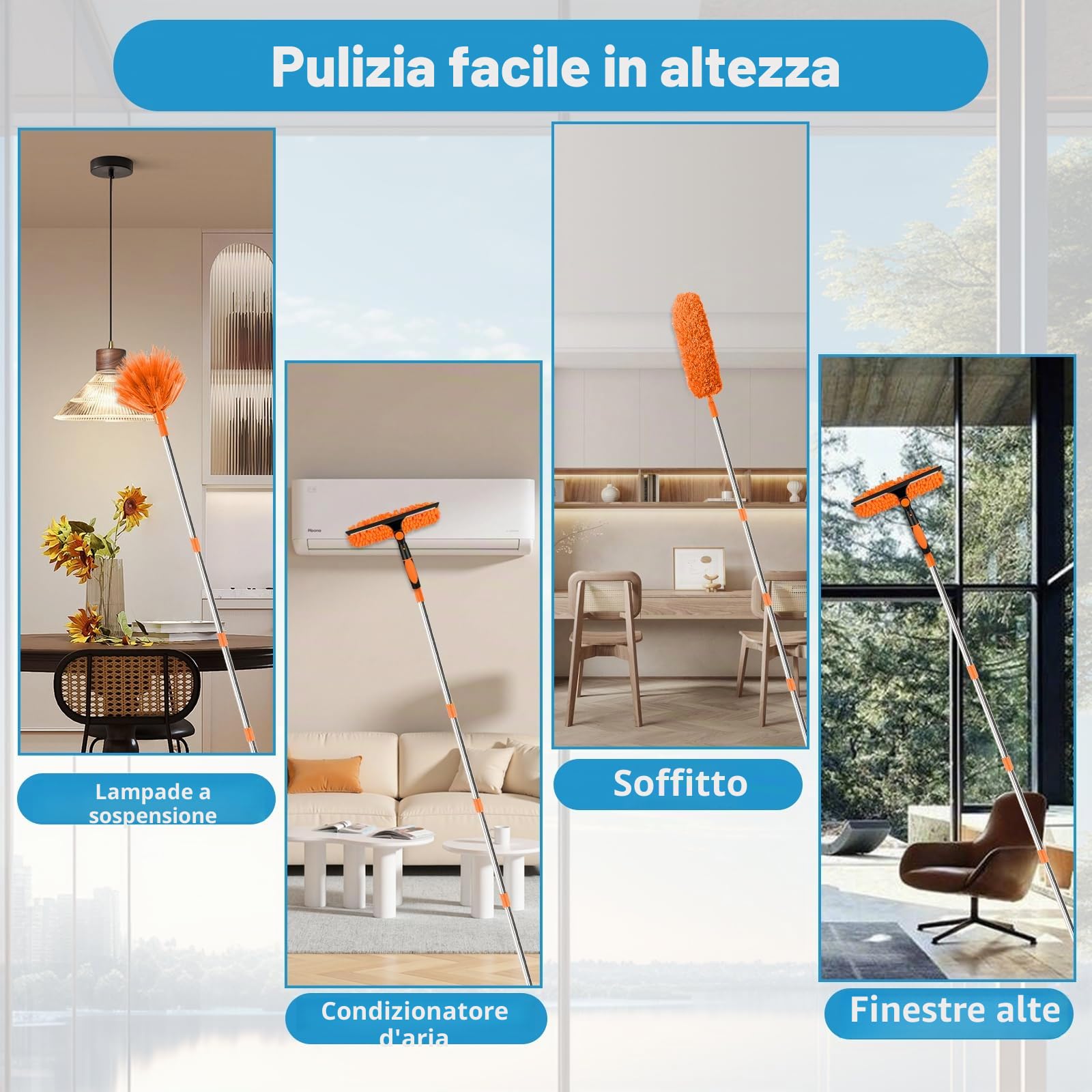 Zikenis Feather Duster Cleaning Set per Spolverini con Asta Fissa, Spolverino in Microfibra Lavabile e Riutilizzabile per Divani, Soffitti, Ragnatele, Vetri, Ventilatori da Soffitto