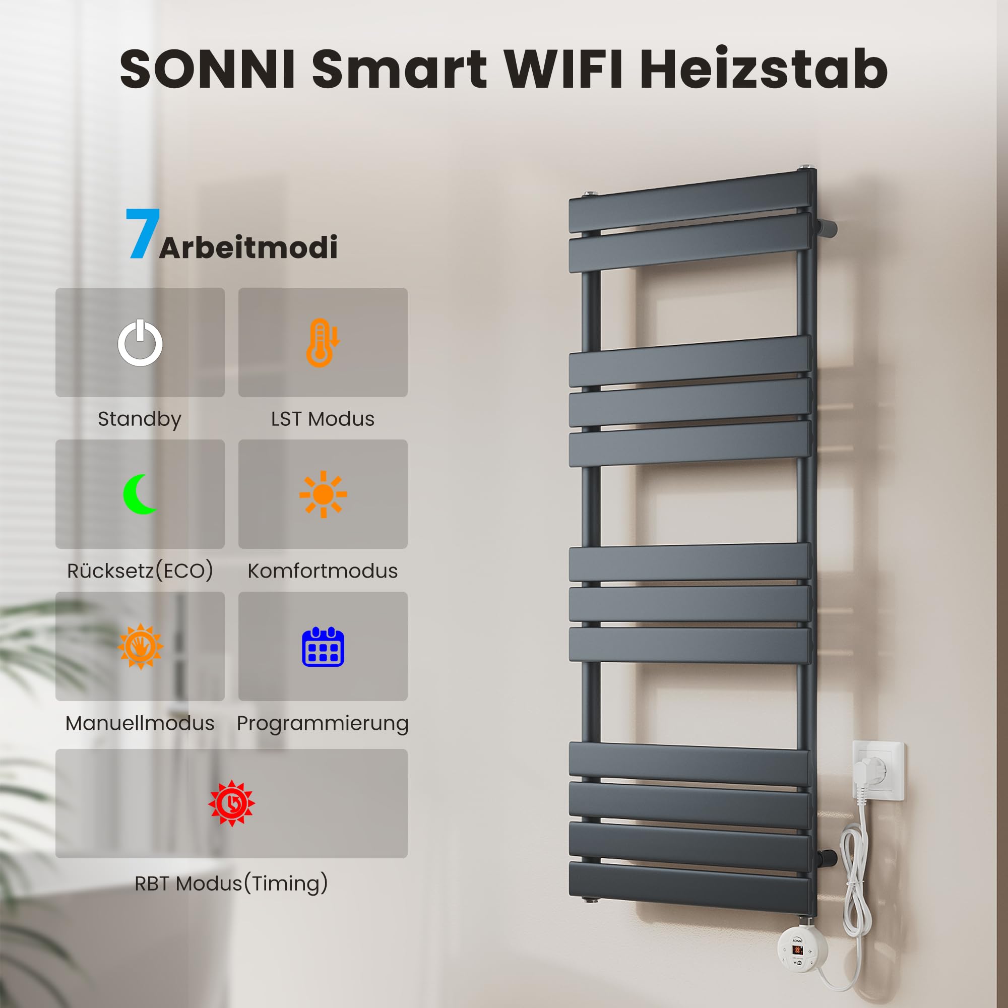 SONNI Calentador de baño eléctrico, 800 x 500 mm, antracita, con wifi, elemento calefactor inteligente, 400 W, radiador de toalla plana, radiador eléctrico para toallas con elemento calefactor