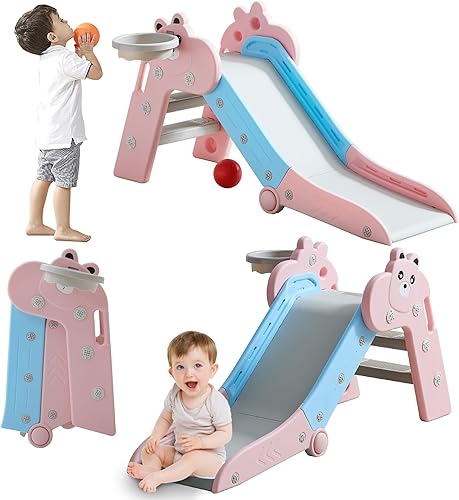 Tobogán plegable para niños pequeños, juego de toboganes de plástico para interiores con aro de baloncesto y pelota Rosa Azul