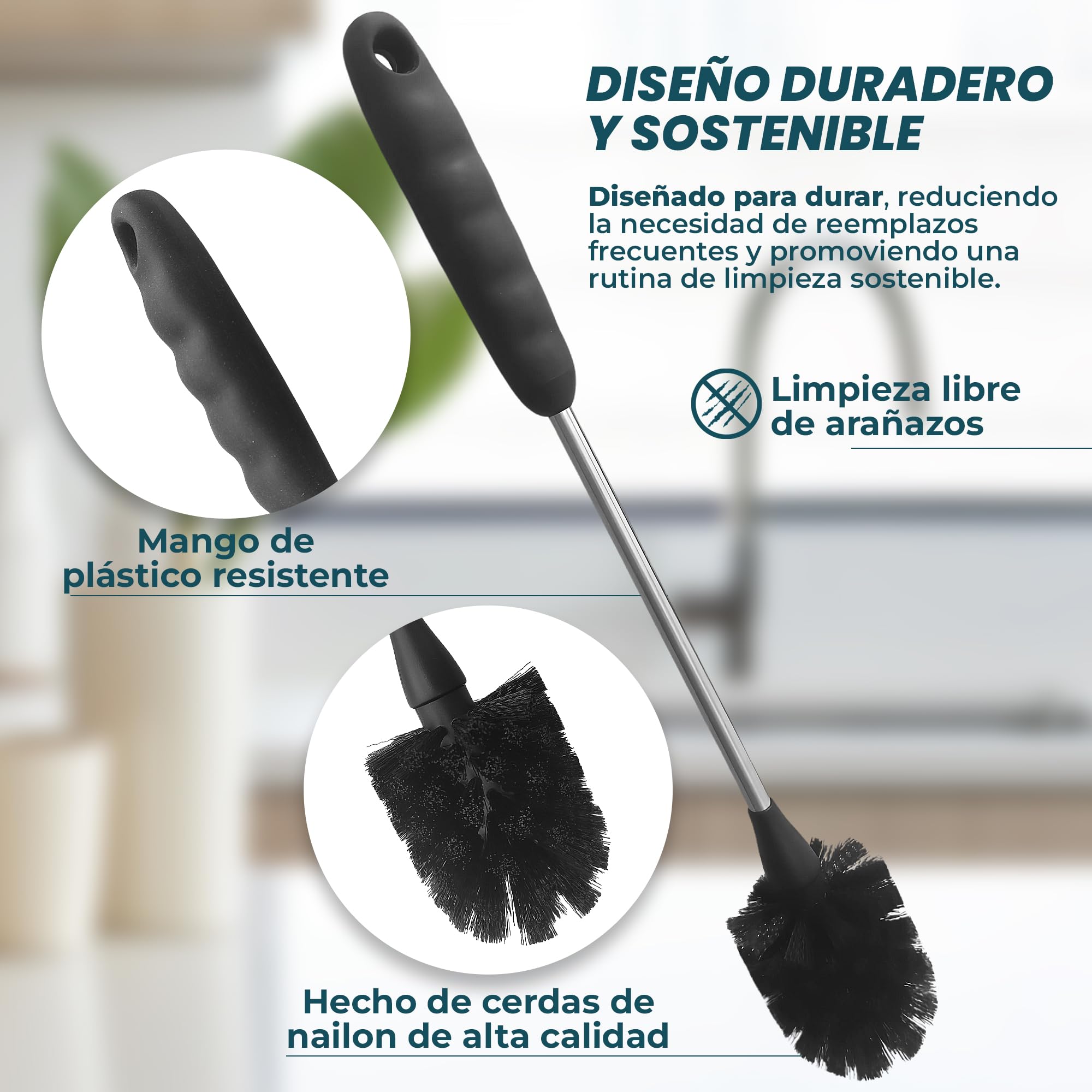 Cepillo de Limpieza para Botellas y Biberones - Mango de Plástico y Acero Inoxidable - Cerdas de Nylon Resistentes - Cepillo para Limpiar Botellas y Recipientes de Vidrio o Plástico