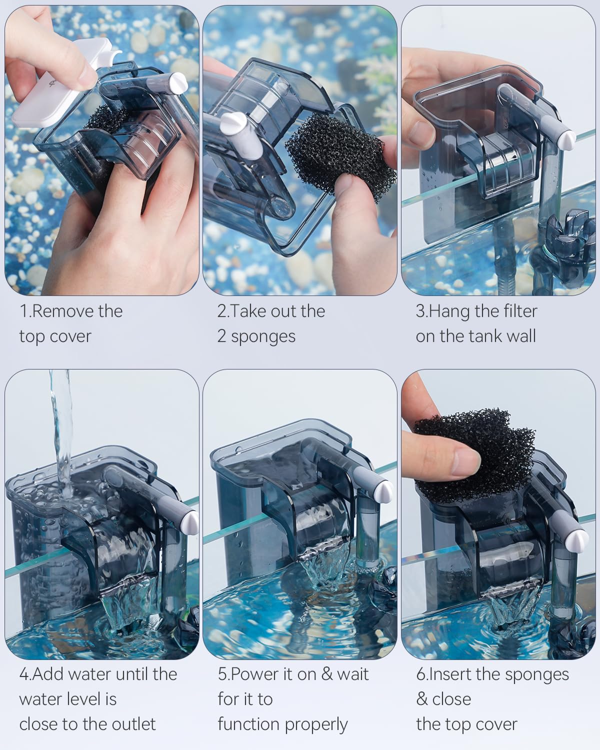 Pawfly Aquarium Filter Ultra Quiet Fish Tank HOB Filter for Aquariums up to 5 Gallons Hanging Power Filter with 60 GPH Water Pump Adjustable Water Flow Oil Skimmer for Small Tank Filtration