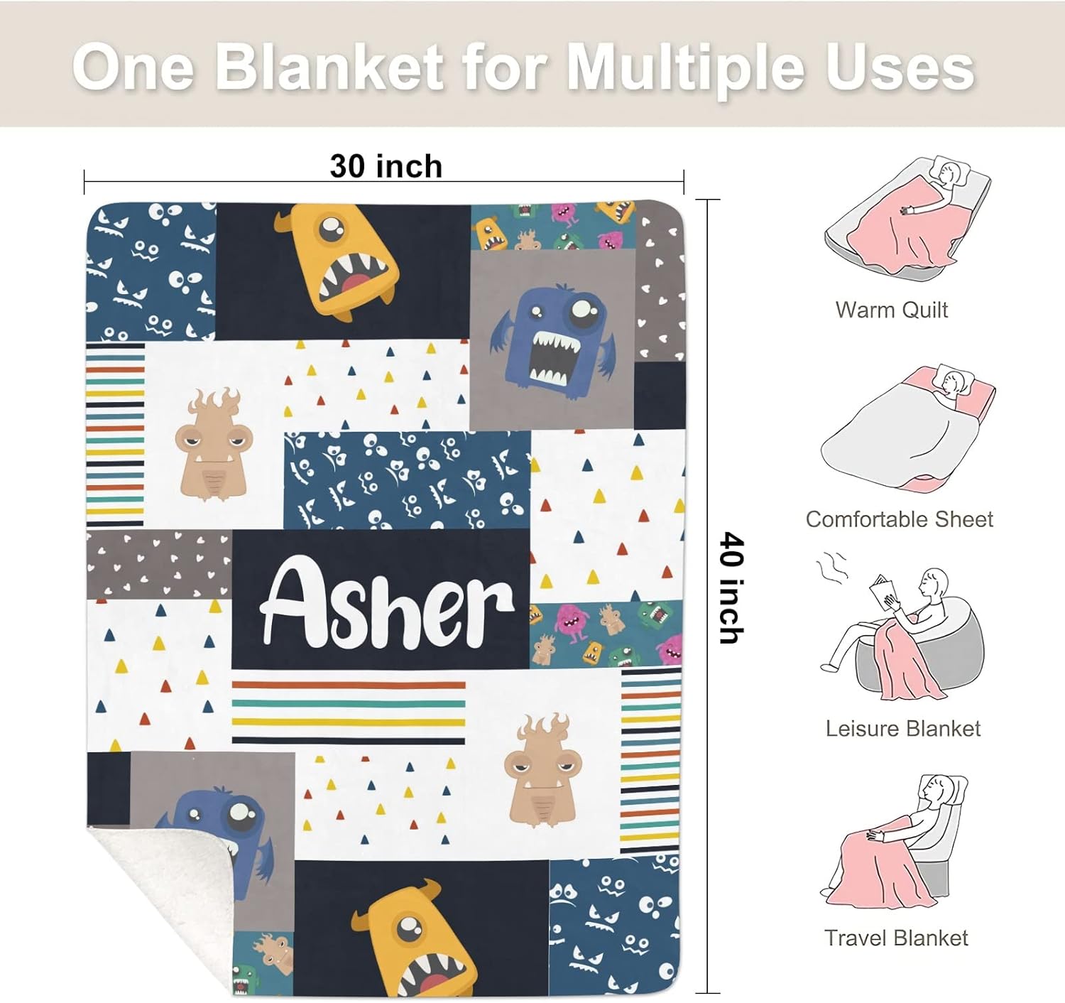 Monster Faux Patchwork Quilt Personalized Receiving Baby Blankets for Girls Boys Kids, Sherpa Fleece Blankets Gift for Newborn Crib Infants 30x40 Inches