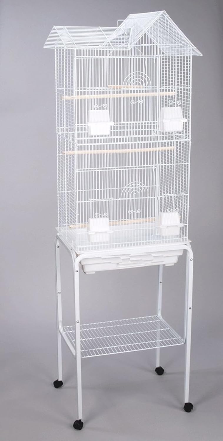 Large Pagoda Bird Parrot House Canary Parakeet Cockatiel Lovebird Finch Bird Home Cage Clear Feeder Cups Side Nesting Box Doors with Detachable Rolling Stand (White, 18" L x 14" W x 62" H)