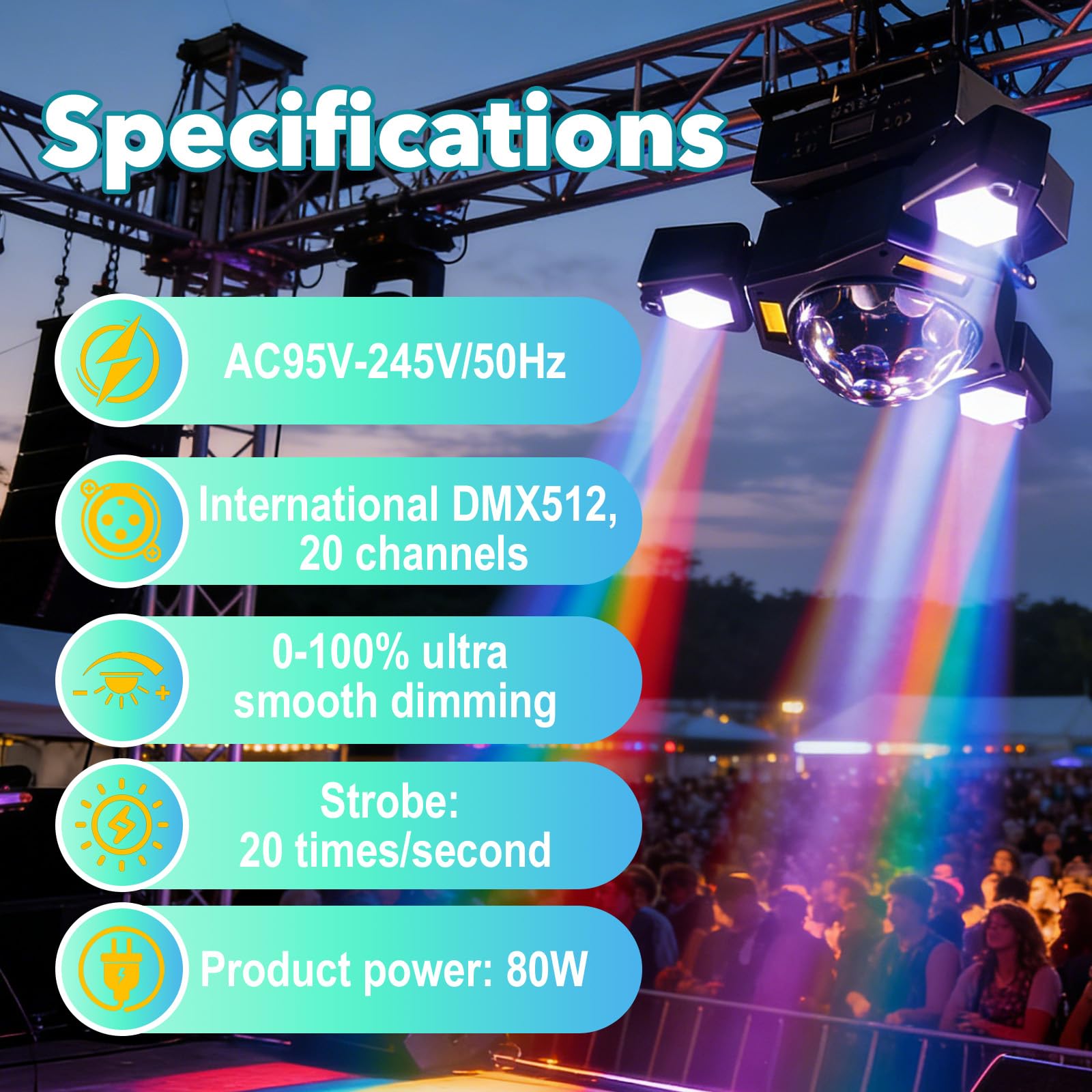 80 W RGBW LED Illuminazione da palcoscenico DJ con effetto fascio RGB, 20 canali DMX512, suono attivato Strobe, Master-lave Auto Run, 0-100% oscuramento delicato per feste, club, discoteche, matrimoni