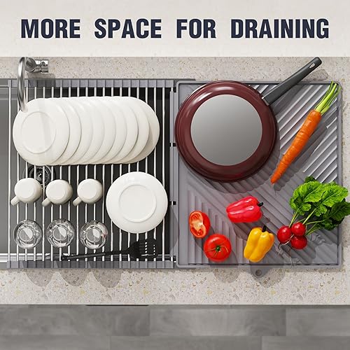 Miniatura 4 de NiHome Escurridor mediano 2 en 1 enrollable de platos y utensilios con alfombrilla de silicona, diseño antideslizante a prueba de calor con drenaje