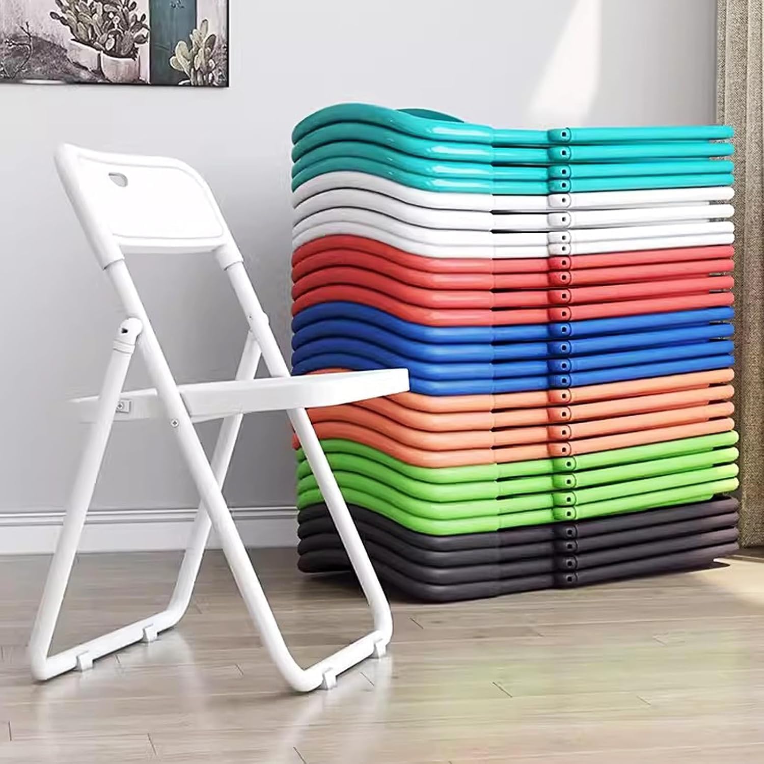 Plastic Folding Chair, Indoor Outdoor Portable Stackable Commercial Seat with Steel Frame 200lb.(Sky Blue)