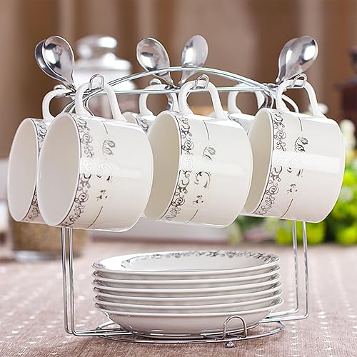 Miniatura 7 de Soporte para tazas de té y platillos, soporte de metal para tazas de té, organizador para taza de café, cuchara y platillos (plateado)