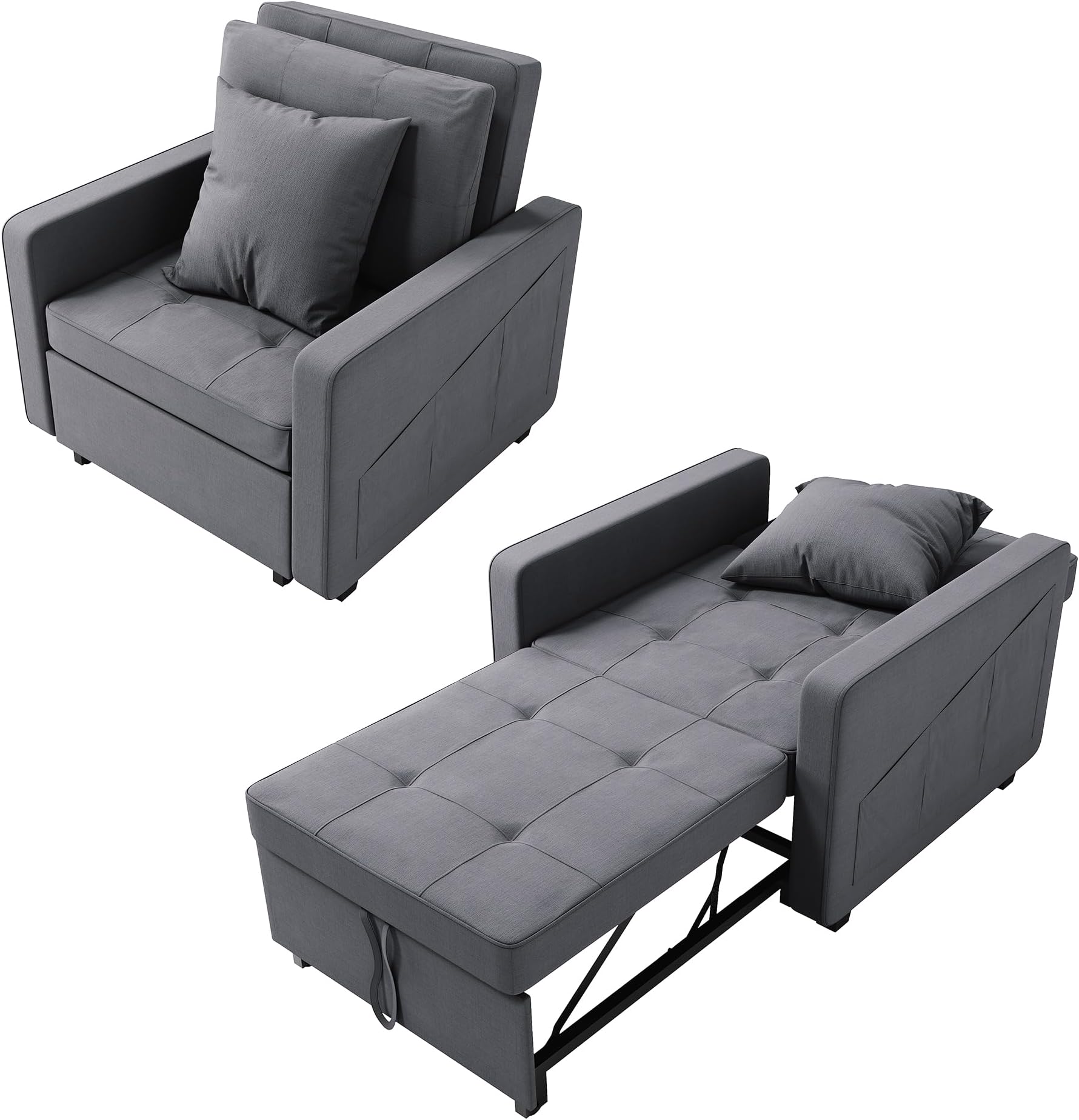 Single Sofa Bed, 3-in-1 Pull Out Convertible Sleeper Chair Bed with Adjustable Backrest, Side Pockets, Pillow, Breathable Linen Guest Bed for Home Office Small Room Apartment, Grey