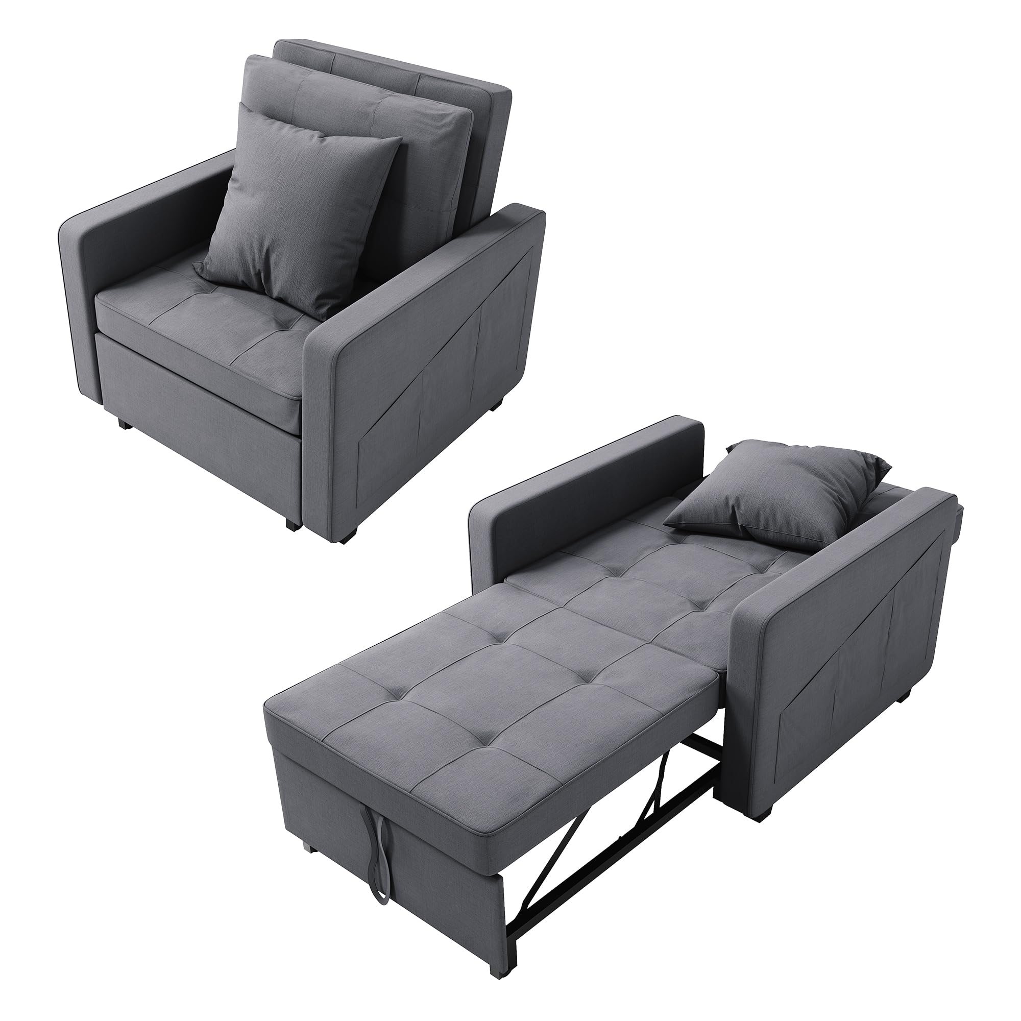 ZANOFIRA Single Sofa Bed, 3-in-1 Pull Out Convertible Sleeper Chair Bed with Adjustable Backrest, Side Pockets, Pillow, Breathable Linen Guest Bed for Home Office Small Room Apartment, Grey