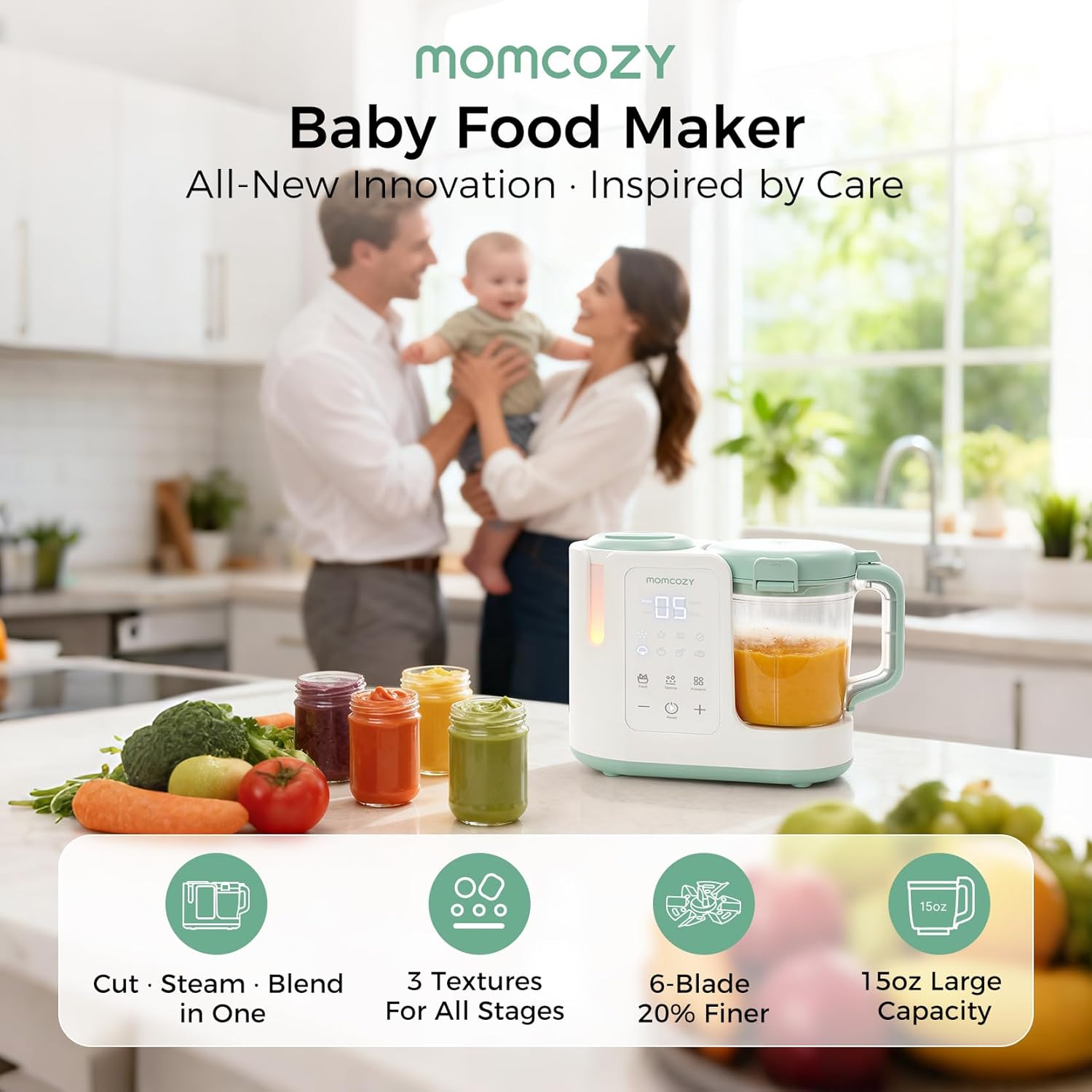 Momcozy AutoMeal Baby Food Maker on a kitchen counter with fresh ingredients and small jars of pureed food.