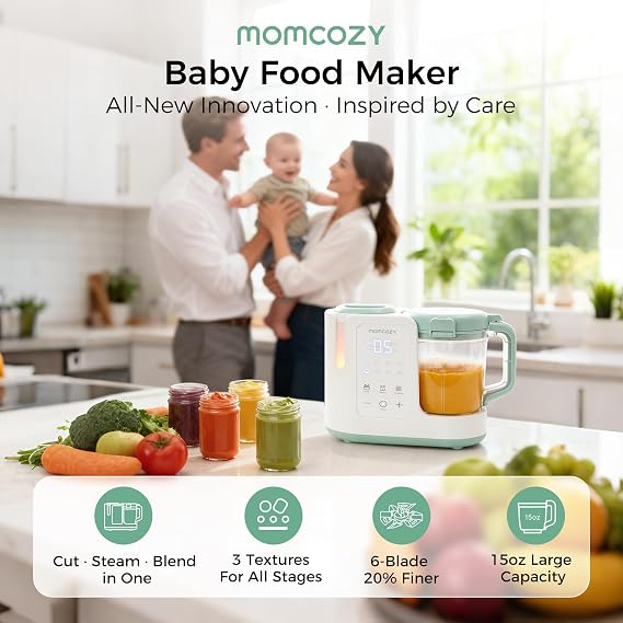 Momcozy AutoMeal Baby Food Maker One-Step Auto Steam & Blend Food Processor, 15oz Large Cup & 6-Blade Design, Self-Cleaning, Auto 3-Stage Texture Settings for Effortless Homemade Baby Puree