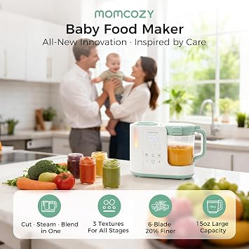 Momcozy AutoMeal Baby Food Maker One-Step Auto Steam & Blend Food Processor, 15oz Large Cup & 6-Blade Design, Self-Cleaning, Auto 3-Stage Texture Settings for Effortless Homemade Baby Puree