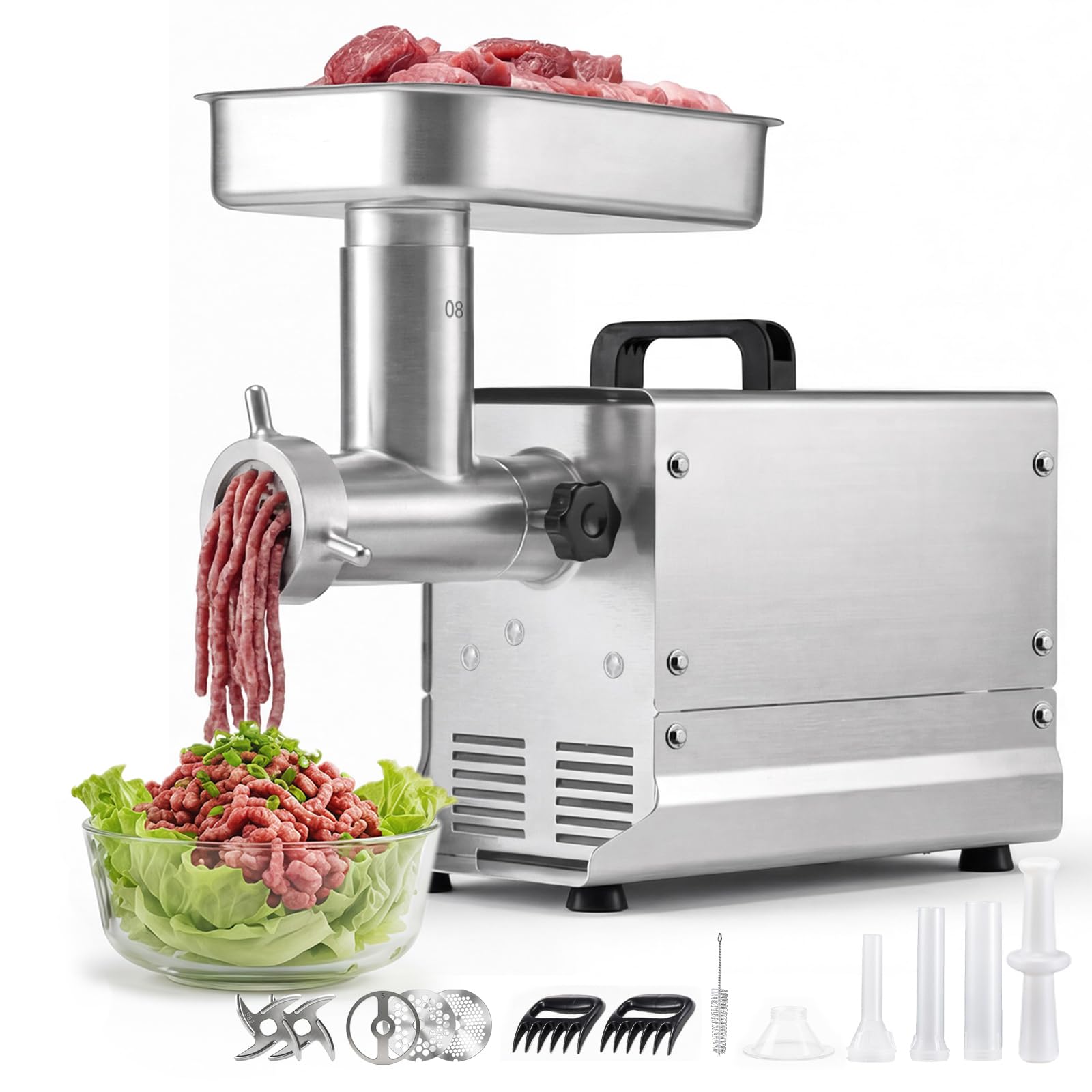 VEVOR Commercial Meat Grinder, 8 Lbs/Min Capacity, #8 Electric Meat Mincer with 3 Plates, 3 Sausage Stuffing Tubes, 350W/0.5HP Stainless Steel Sausage Maker for Home Kitchens &amp; Restaurants, ETL Listed