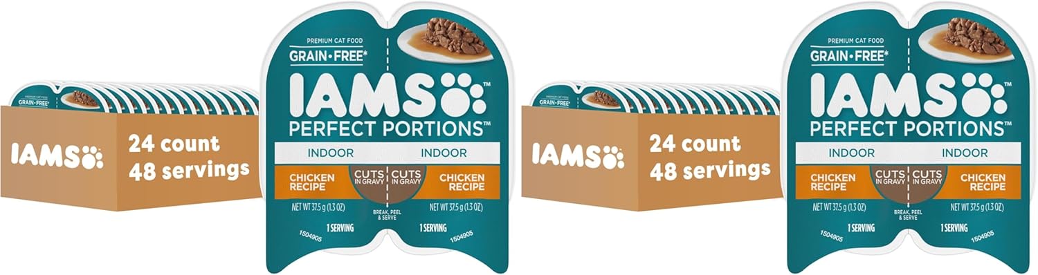 IAMS Perfect Portions Indoor Adult Wet Cat Food Cuts in Gravy,Chicken Recipe,2.6 oz. Easy Peel Twin-Pack Trays (,48 Servings),24 Count (Pack of 2)