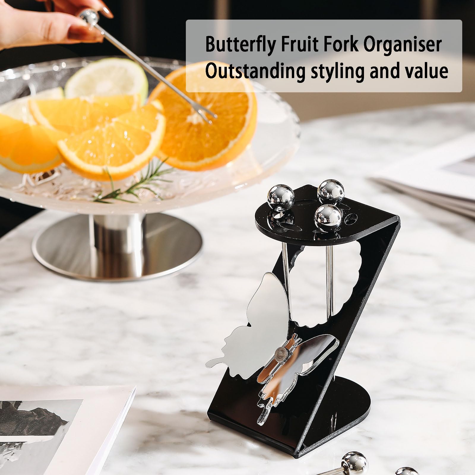 6 Pièces De Fourchettes De Fruits Dessert en Acier Inoxydable Réutilisables avec Support Unique Papillons Postuler À pour Gâteau Salade Cocktail Dessert Pique-Nique