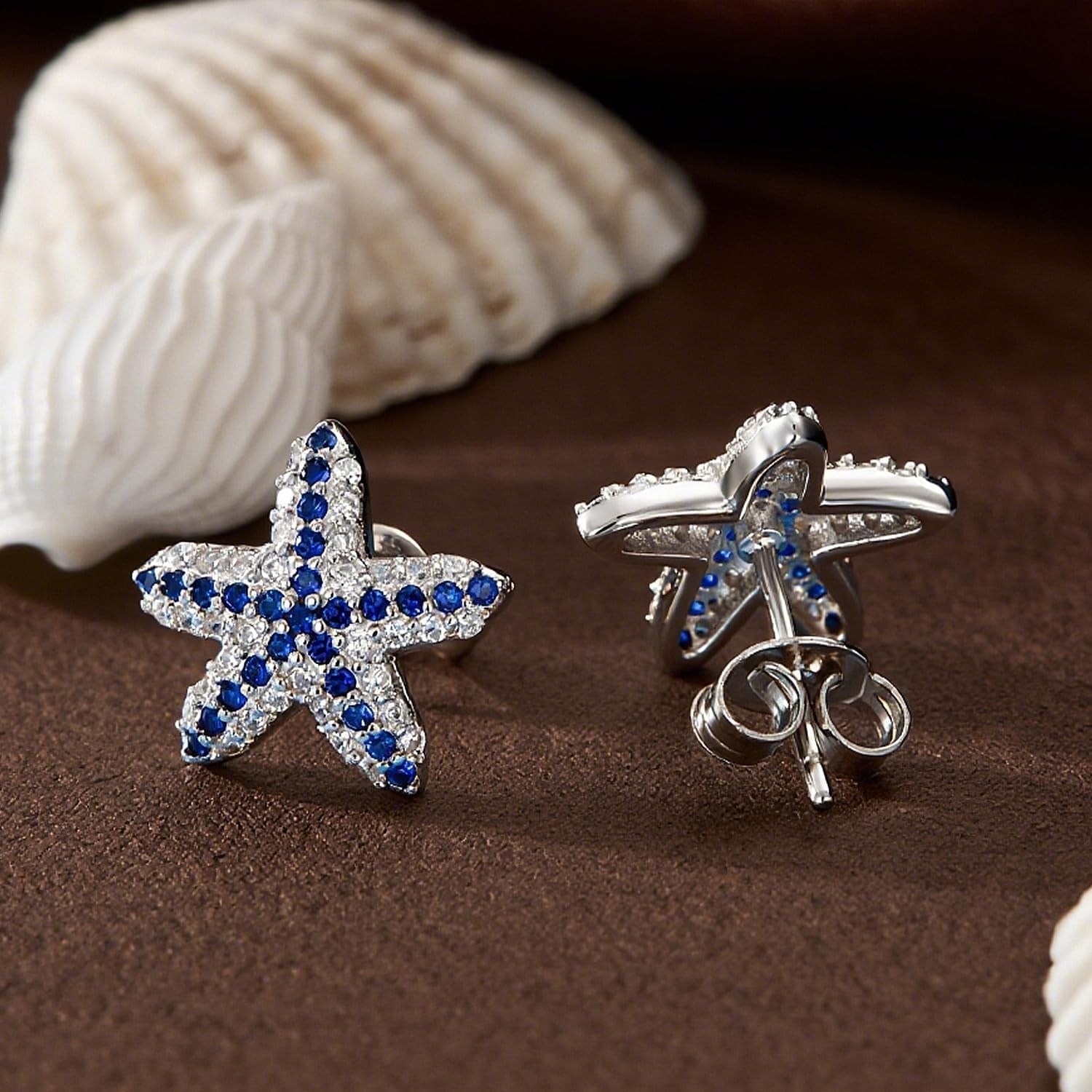 Blue White Zircon Starfish Earrings 925 Sterling Silver Studs Ocean Theme Women's Jewelry Cute and Dainty White Gold Plated - Image 5