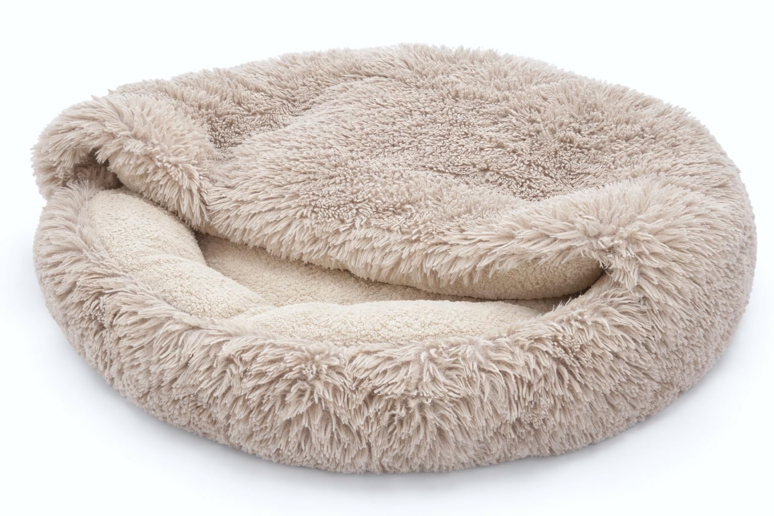 Odolplusz Cuccia rotonda per cani e gatti di taglia media, beige, Shaggy Bouclé, design grotte, sacco a pelo caldo, fondo antiscivolo, lavabile in lavatrice, 100 cm
