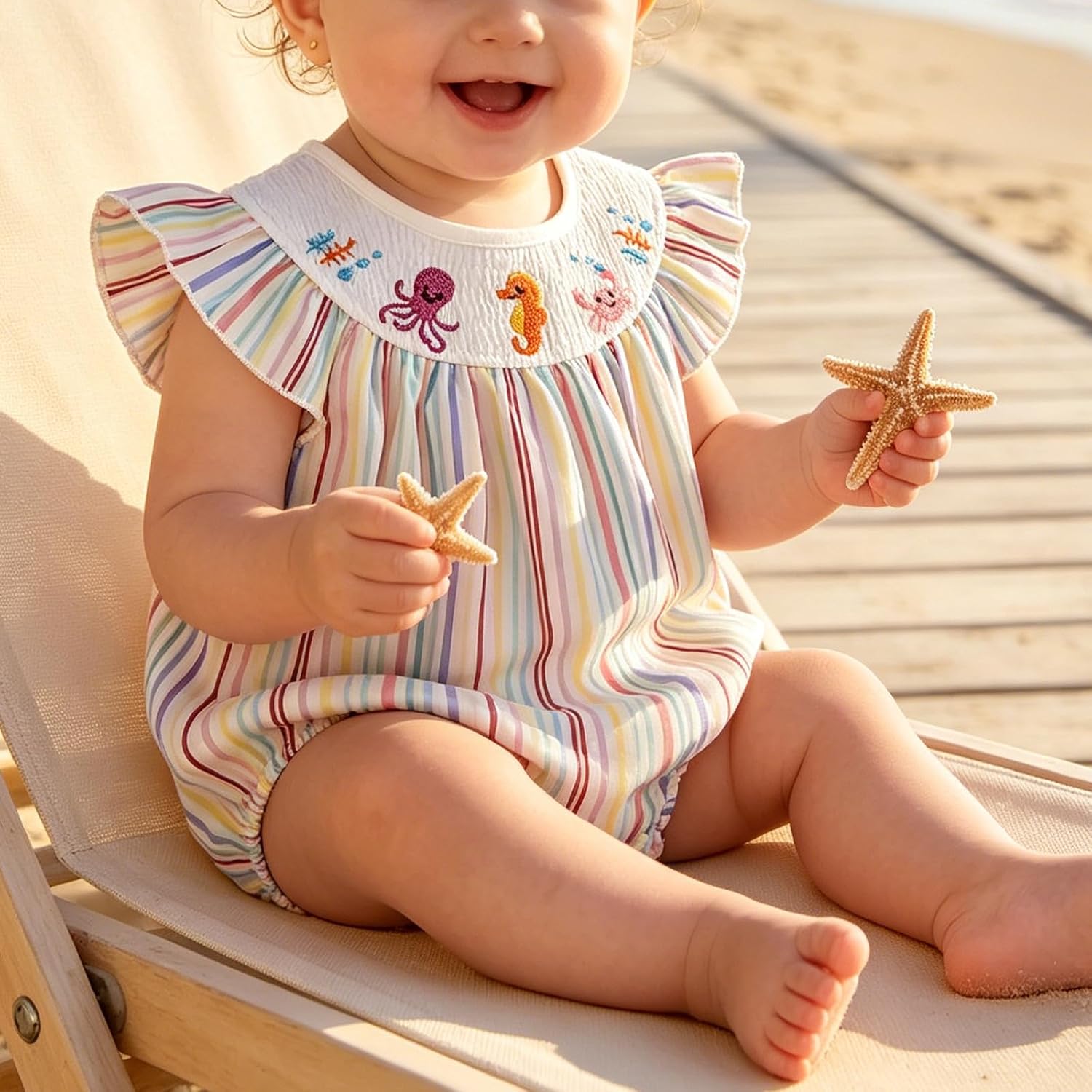 Baby Girl Ocean Animal Outfit Crab Seahorse Octopus Embroidery Sleeveless Smocked Bubble Romper Infant Beach Clothes