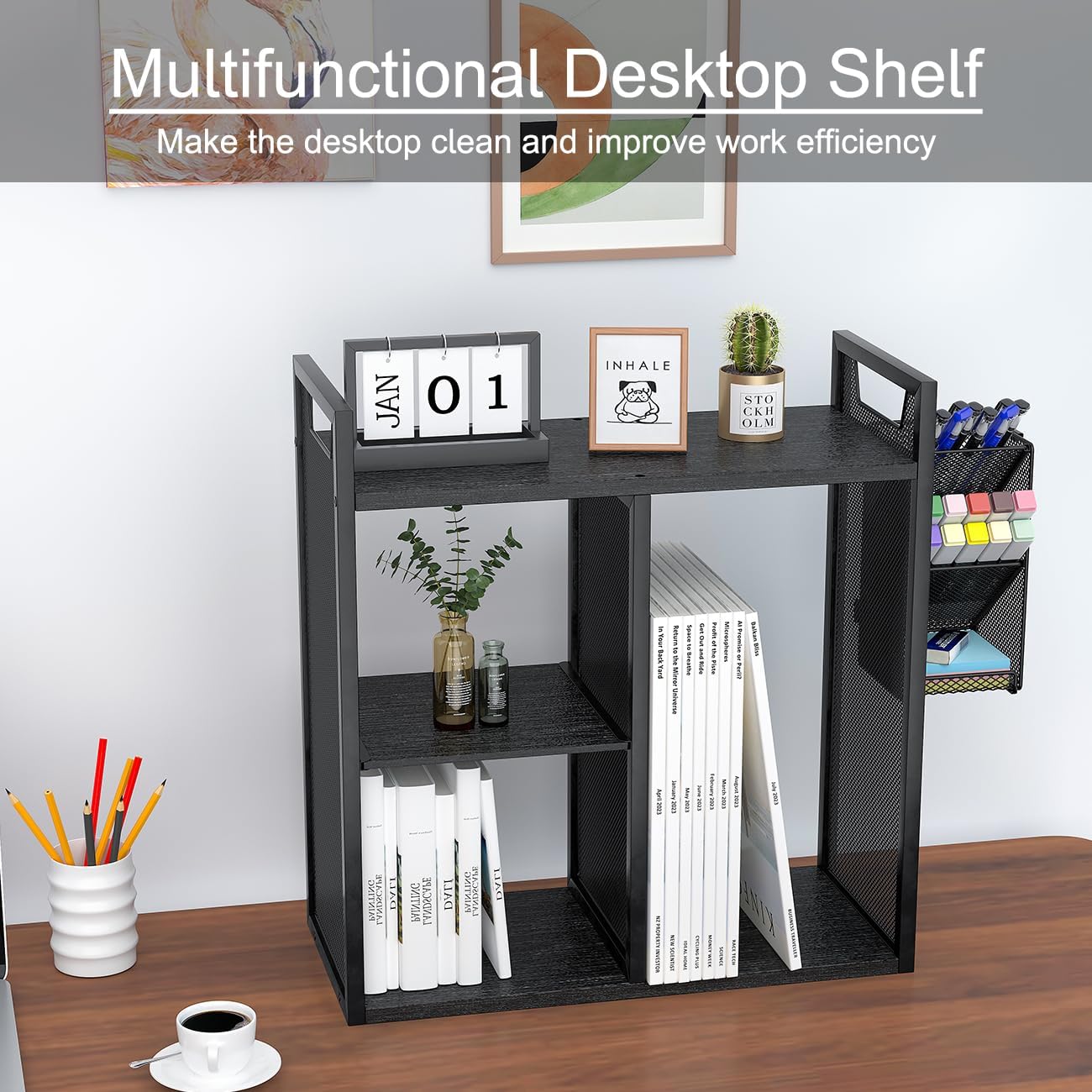 PAG Desktop Shelf Freestanding Bookshelf with Pencil Holder, Office Supplies Organizers and Accessories Storage Display Rack, Black