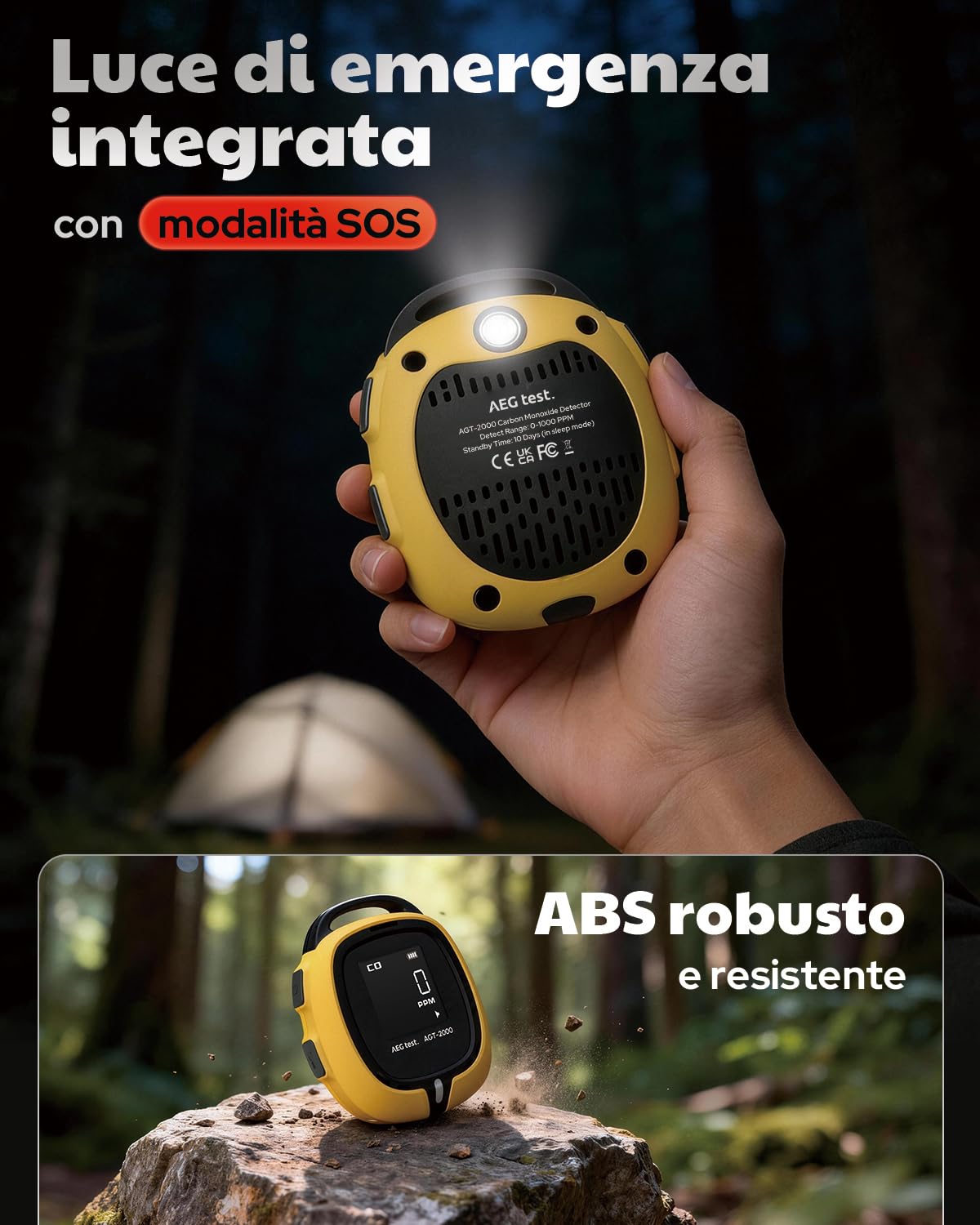 AGT-2000 Rilevatore Portatile di Monossido di Carbonio da Viaggio, 240H di Autonomia, Rilevatore CO con Allarmi Acustici e Visivi per Campeggio, Ricaricabile, Con Torcia di Emergenza Integrata