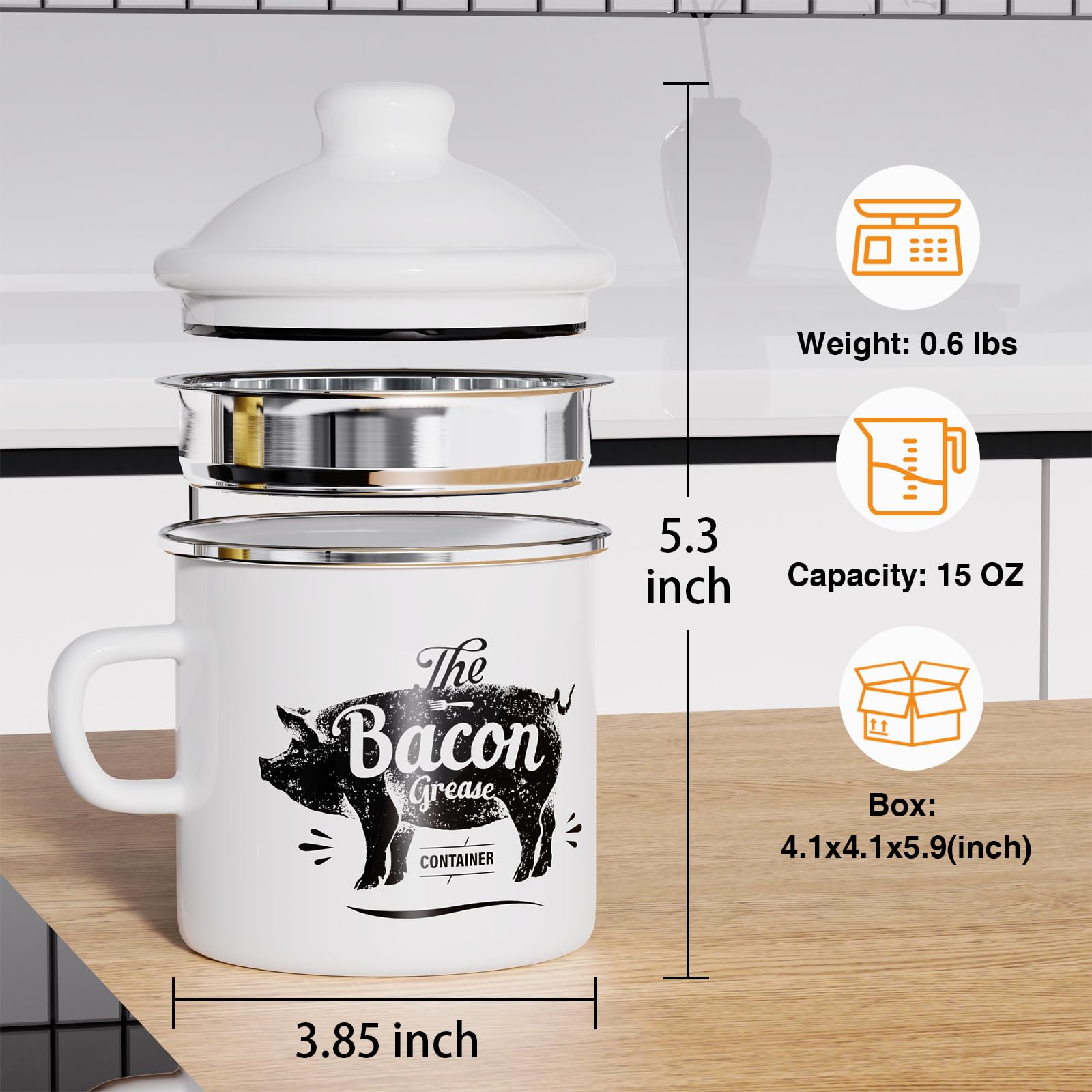 Contenitore Per Grasso PGYARD Con Colino – 425g, Smaltato, Bianco, Con Cucchiaio, Lavabile In Lavastoviglie