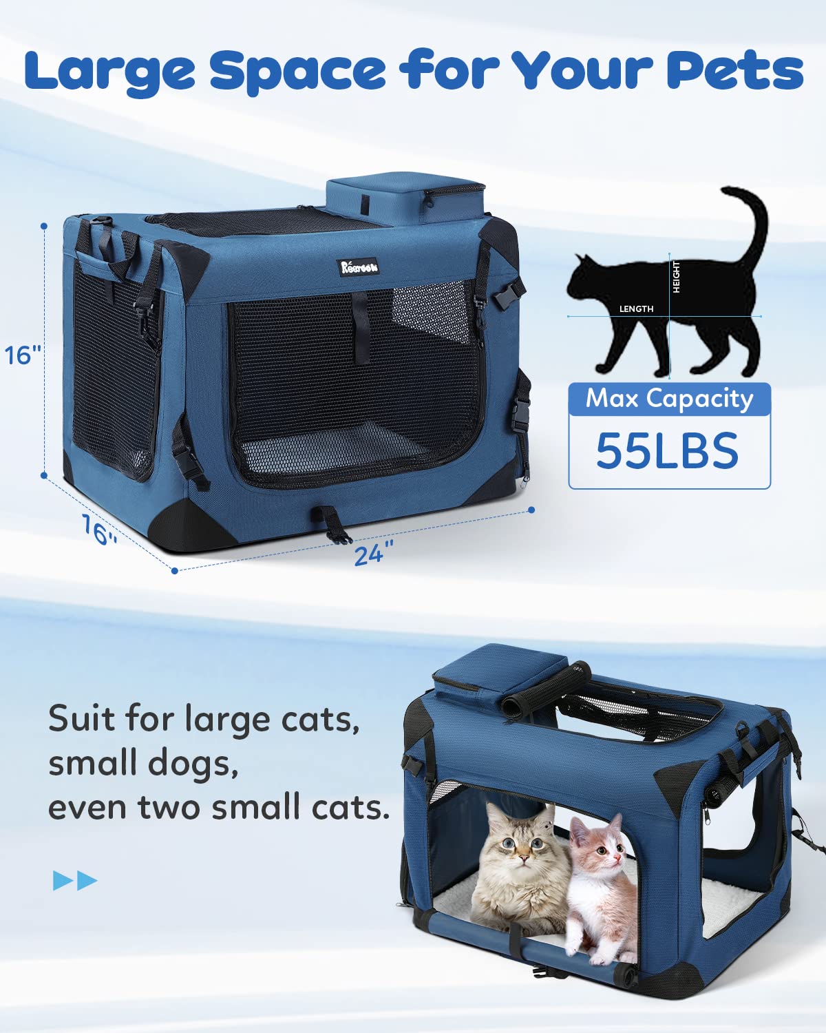 Reerooh Large Cat Carrier 24"x16"x16", Soft Sided Pet Carrier with 2 Pockets, 2 Bowls, 4 Breathable Meshes, Collapsible Travel Pet Carrier Bag for Cats Dogs Puppies Kittens (Navy)