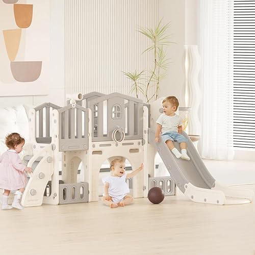 Miniatura 9 de YUFU Juego de toboganes 9 en 1 para niños pequeños de 1 a 3 años, juego de tobogán escalador con aro de baloncesto y pelota, para interiores y