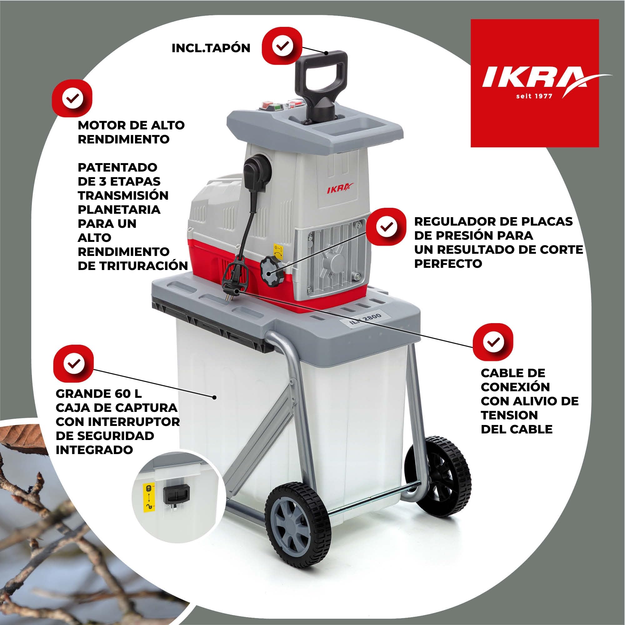 IKRA trituradora silenciosa eléctrica ILH2800, diámetro de ramas a 44mm