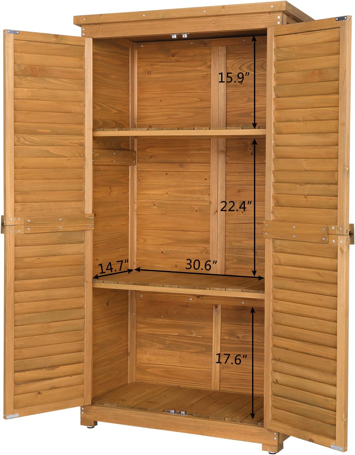 Outdoor Storage Cabinet with 3 Shelves, Double Lockable Wooden Garden Shed with Waterproof Roof, Outside Vertical Tall Tool Shed for Yard Patio Lawn Deck