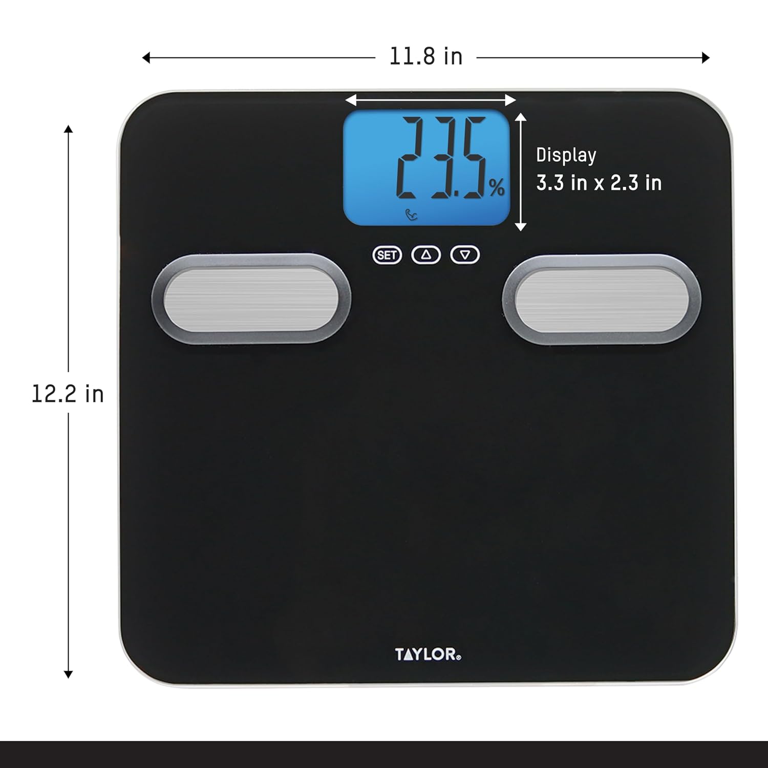 Taylor Men's Body Composition Bathroom Scale for Body Weight - 400 lb Capacity, Blue Backlight Display, 10-User Profiles, Body Composition Analysis, Fits Up to Size 12 Shoe, Black