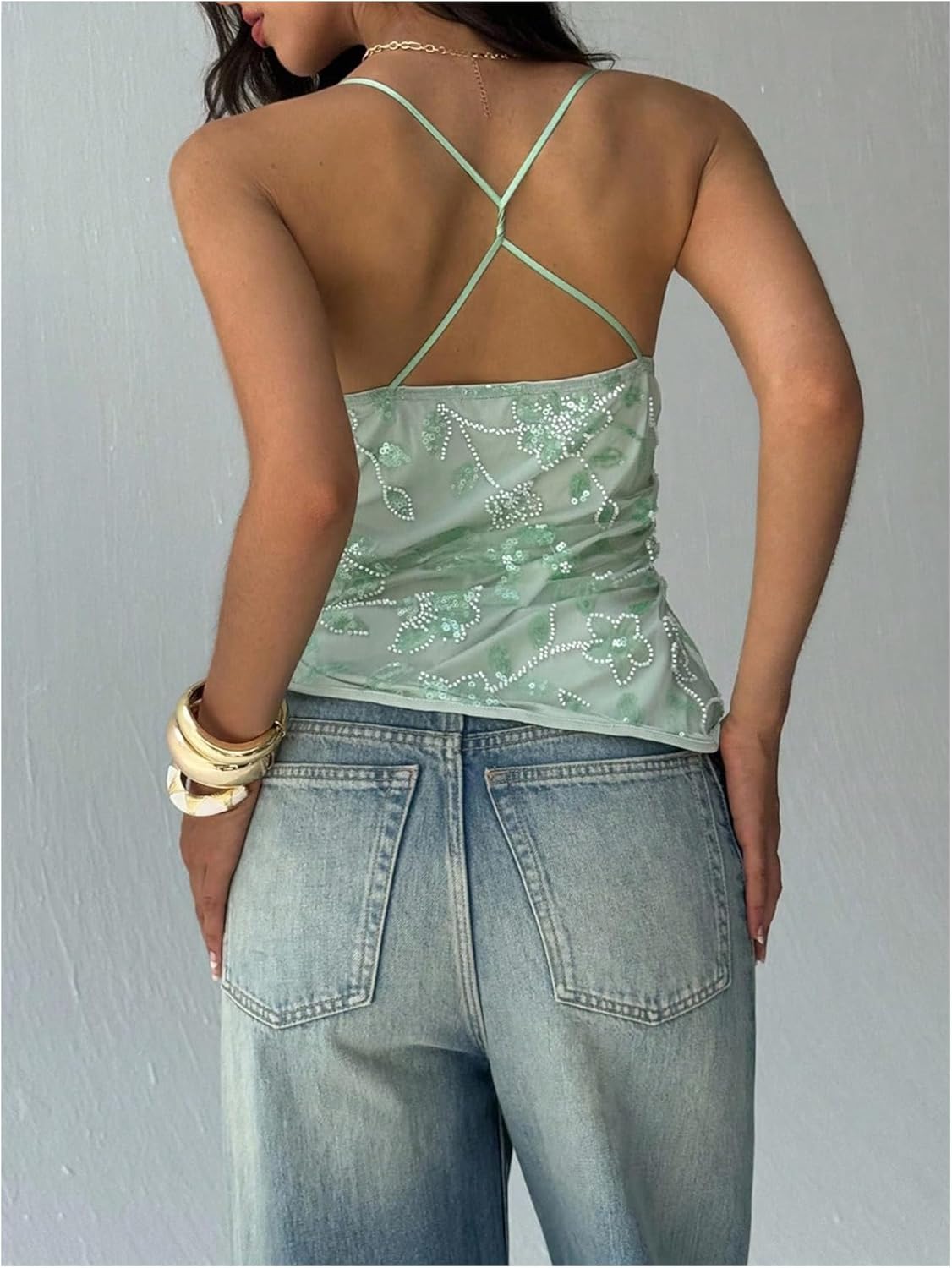MakeMeChic Women's Floral Sequin Tops Y2K Beaded Draped Sleeveless Open Back Mesh Tank Tops - Image 2