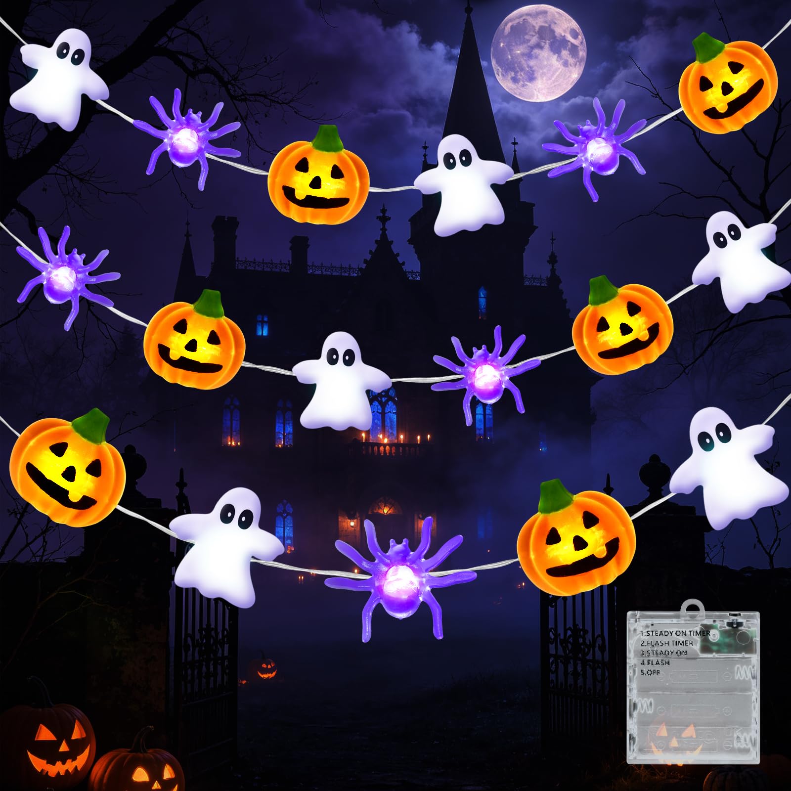 Halloween Decorations Lights 16.4FT 50LED Pumpkic Spider Ghost Fairy Lights