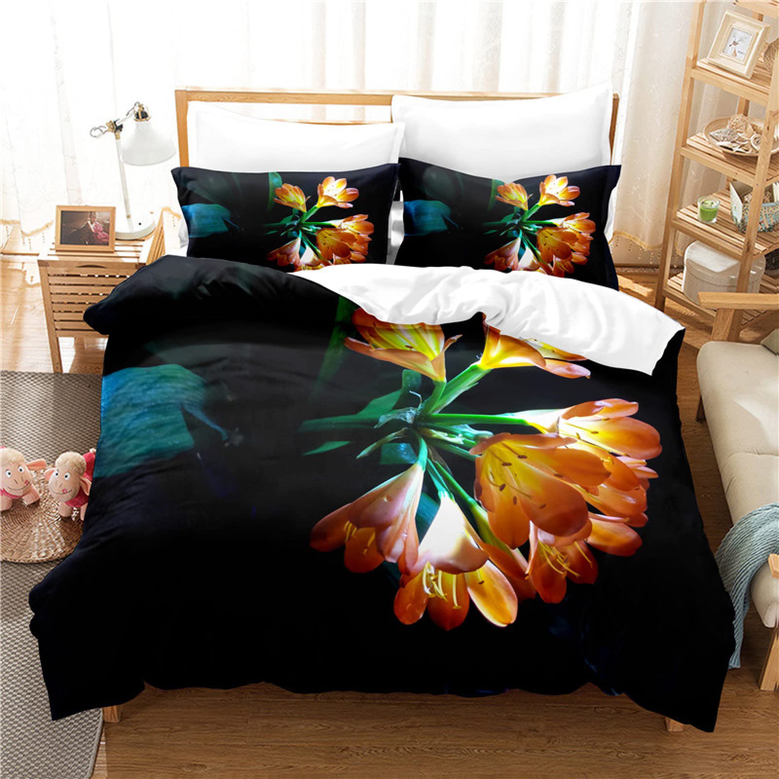 Housse de couette 140x200 tulipes noires en microfibre douce avec 2 taies d'oreiller 65x65