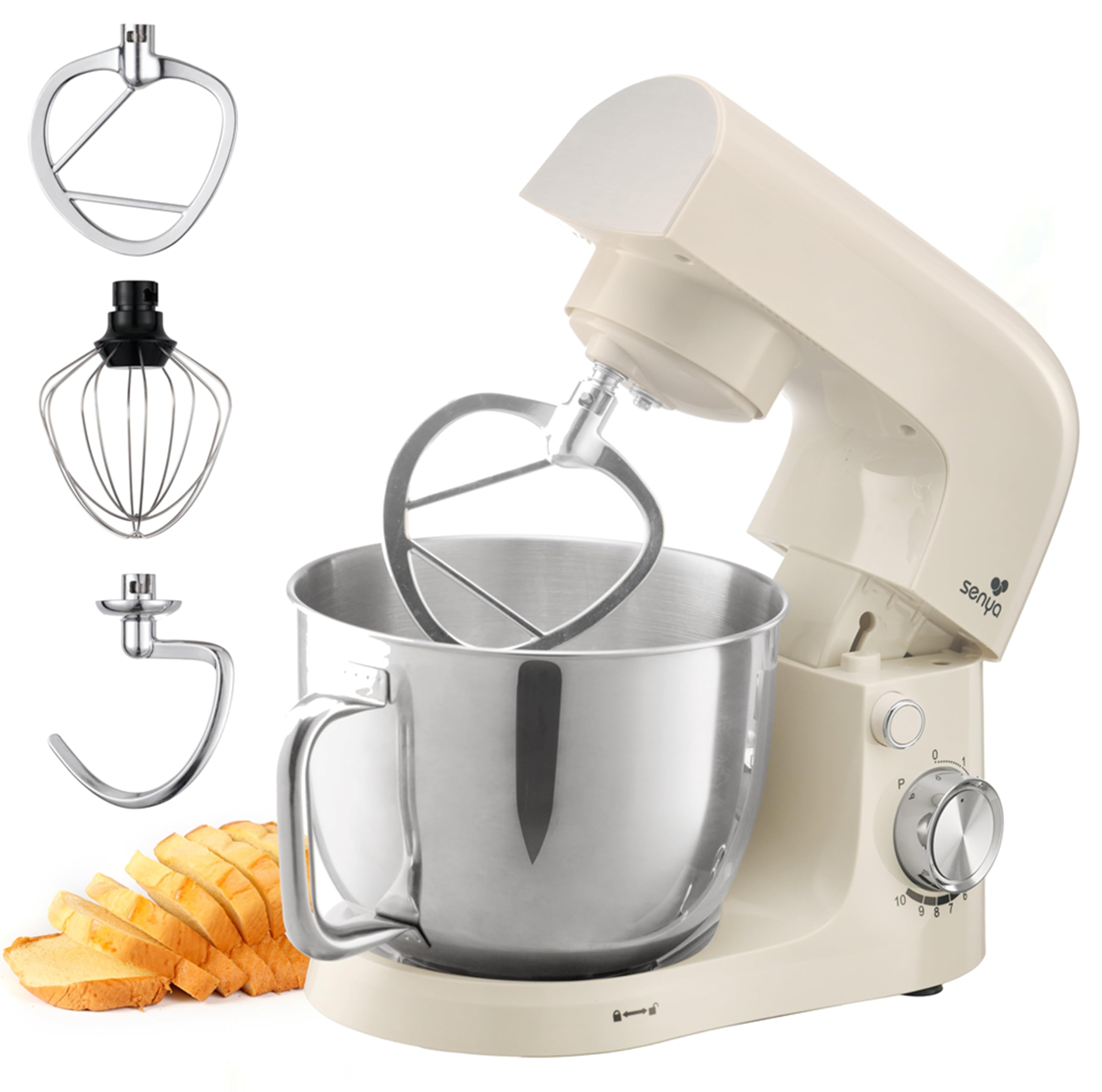 SENYA Robot Pâtissier 1500W – Robot Cuisine Multifonction 5L Bol Inox – 10 Vitesses + Pulse – Pétrin, Fouet, Batteur – Robot pour Gâteau, Pain – Couvercle Anti-​Éclaboussures avec Séparateur d'Œuf