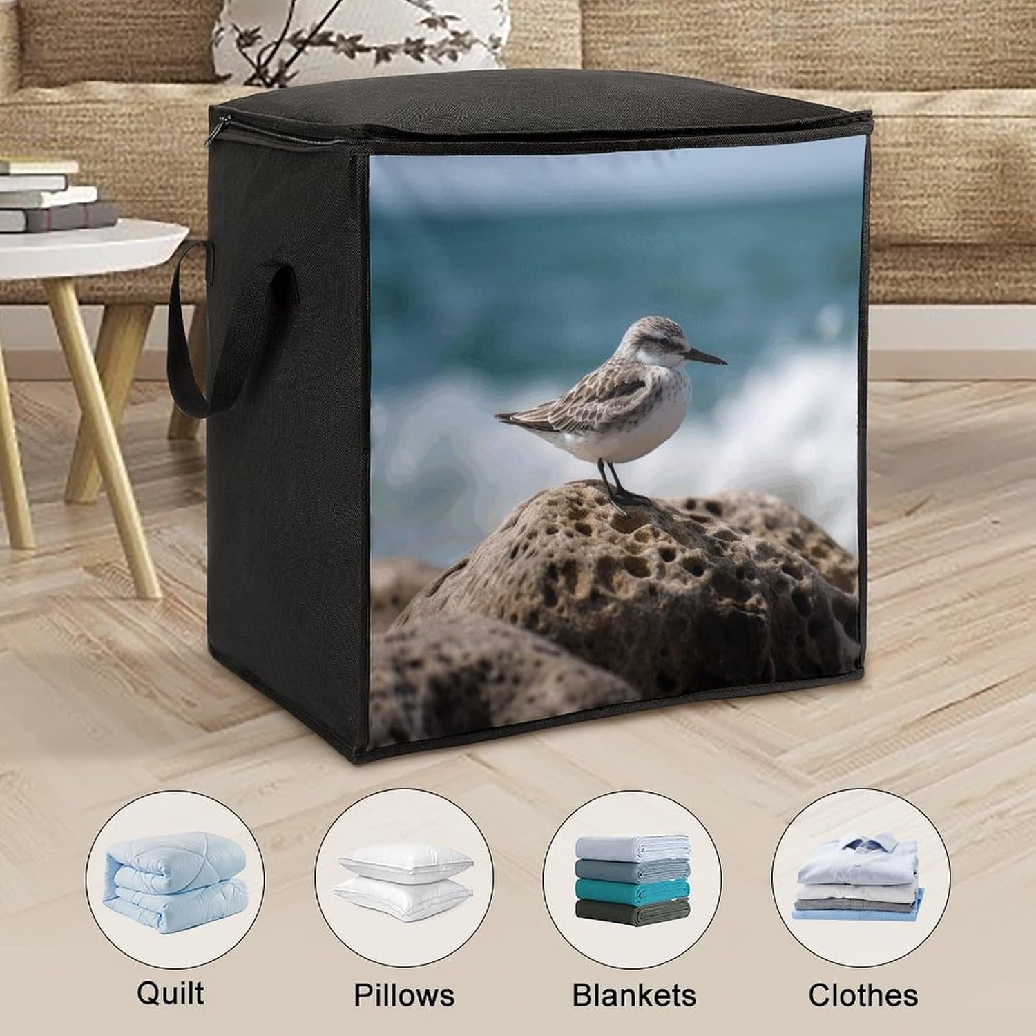 Portable Quilt Storage Bag,Bird Perching on The Rock Printed Foldable Wardrobe Storage Box Foldable Storage Bag with Lids And Handle Large Clothing Storage Bag for Comforters Clothes Blankets Pillows