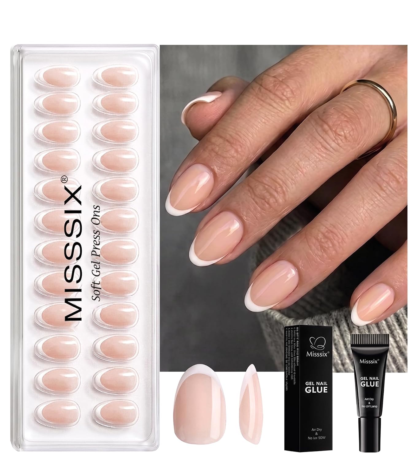 Misssix French Tip Press On Nails, Short Almond Nude Fake Nails with Glue