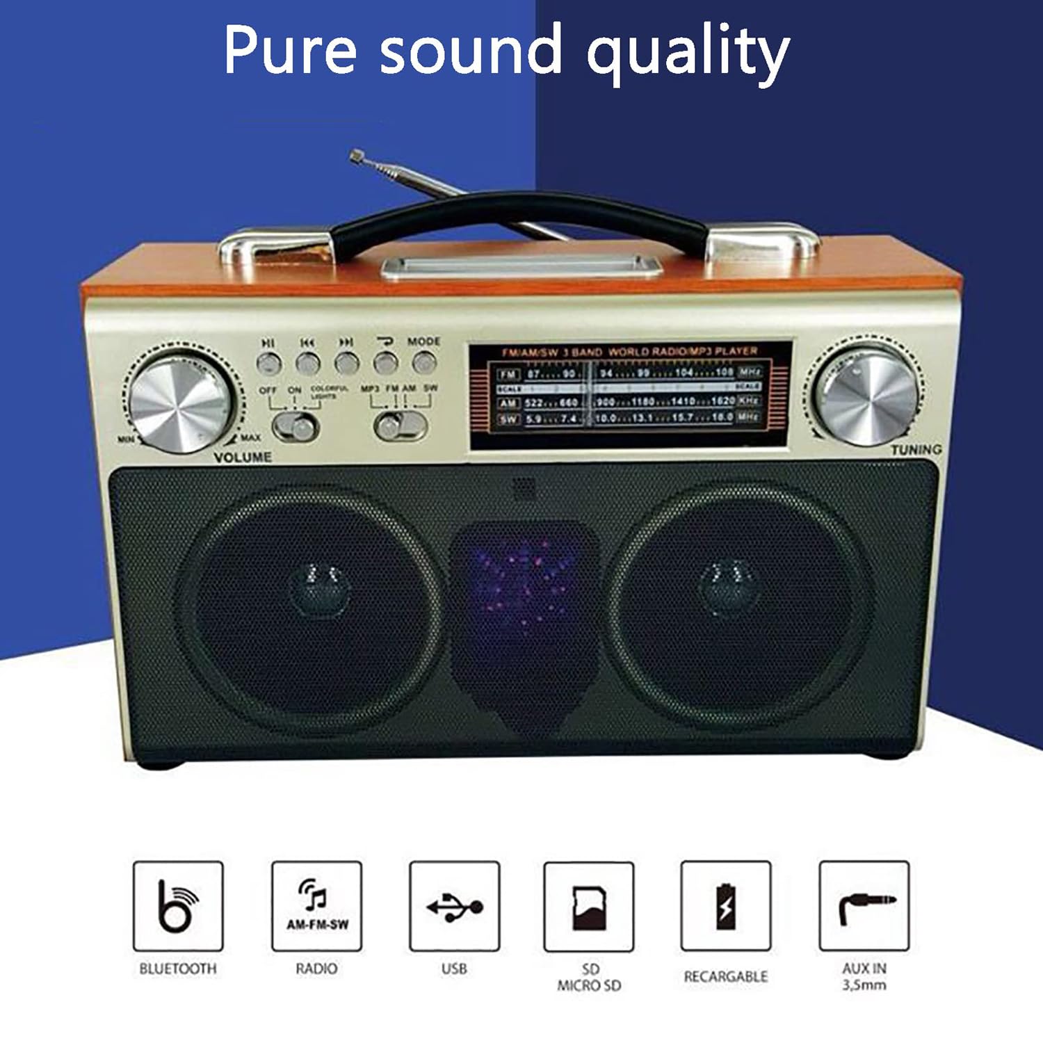Radio Bluetooth, Radio FM, Radio Cassette Retro, Radio DSP, Reproducción Estéreo, Soporte para Tarjeta TF/Reproducción SD/USB, Estilo Retro Clásico, Recargable por USB