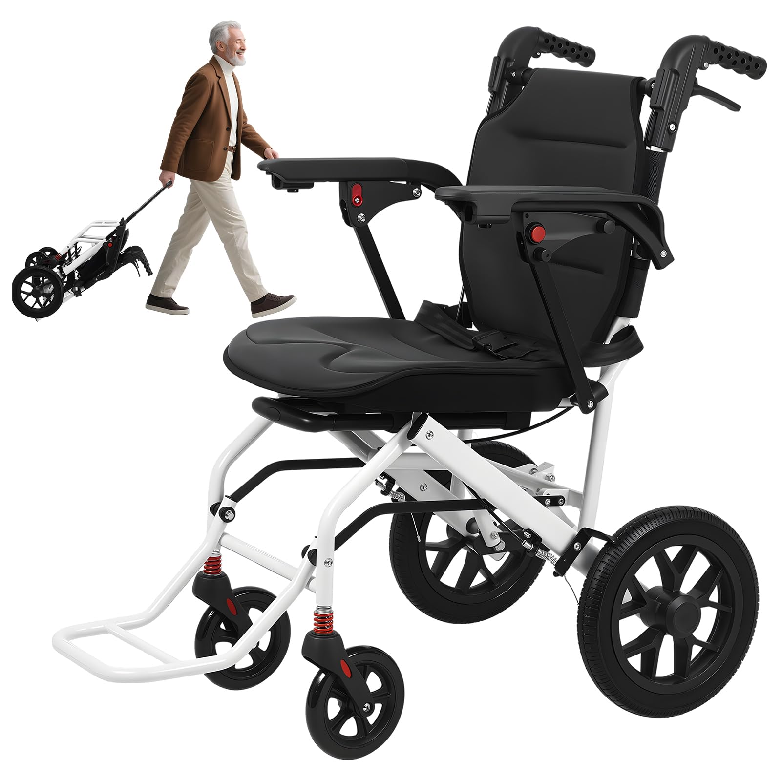 SXSLTSA Foldable Transport Wheelchair, Lightweight(only 13.5kg) Wheelchair for Adults & Seniors, Telescopic Handle, 100kg Capacity, Ergonomic Seat, Dual Brakes, 12-Inch Rear Wheels (Black)