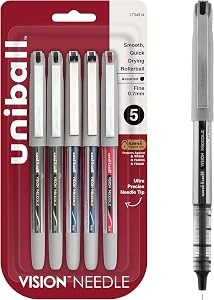 uni-ball Vision Needle Rollerball Pens, Fine Point (0.7mm), Assorted Colors, 5 Count
