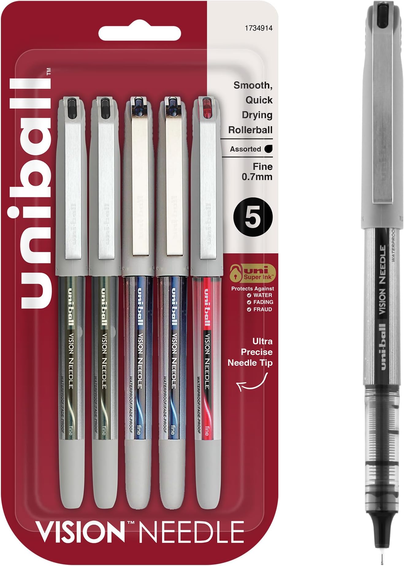 uni-ball Vision Needle Rollerball Pens, Fine Point (0.7mm), Assorted Colors, 5 Count