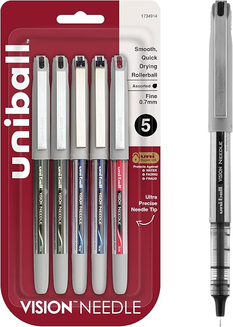 uni-ball Vision Needle Rollerball Pens, Fine Point (0.7mm), Assorted Colors, 5 Count