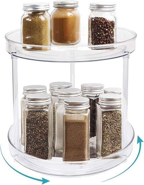 WWW Lazy Susan Turntable Spice Rack, 2-Tier Plastic Cupboard Organiser, Rotating Lazy Susan Fridge Organiser Holder for Kitchen and Pantry Storage Rack for Spice Jars, Snacks, Drinks, Make up