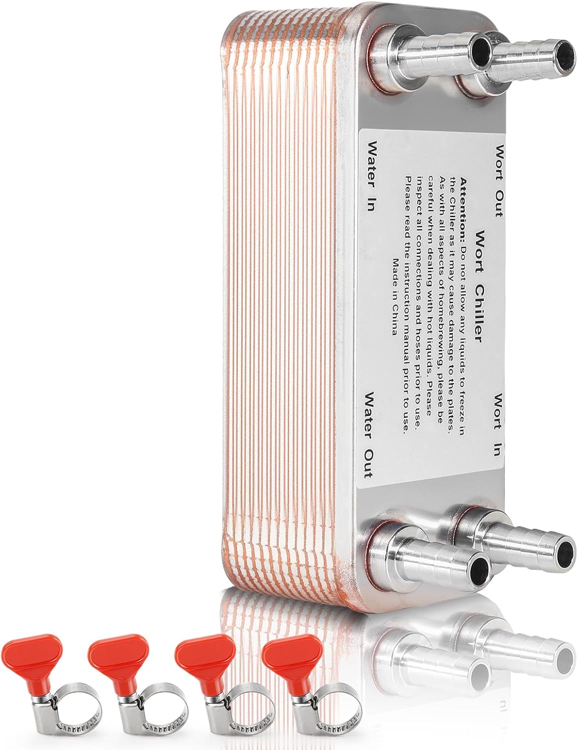 MRbrew Wort Chiller 20 Plates, 1/2 Barb Fitting Connection, Brazed Plate Copper Heat Exchanger for Homebrew, Stainless Steel 7.5" x 2.9" Plate, Hot Liquid Accelerated Cooler Quick Beer Cooling System