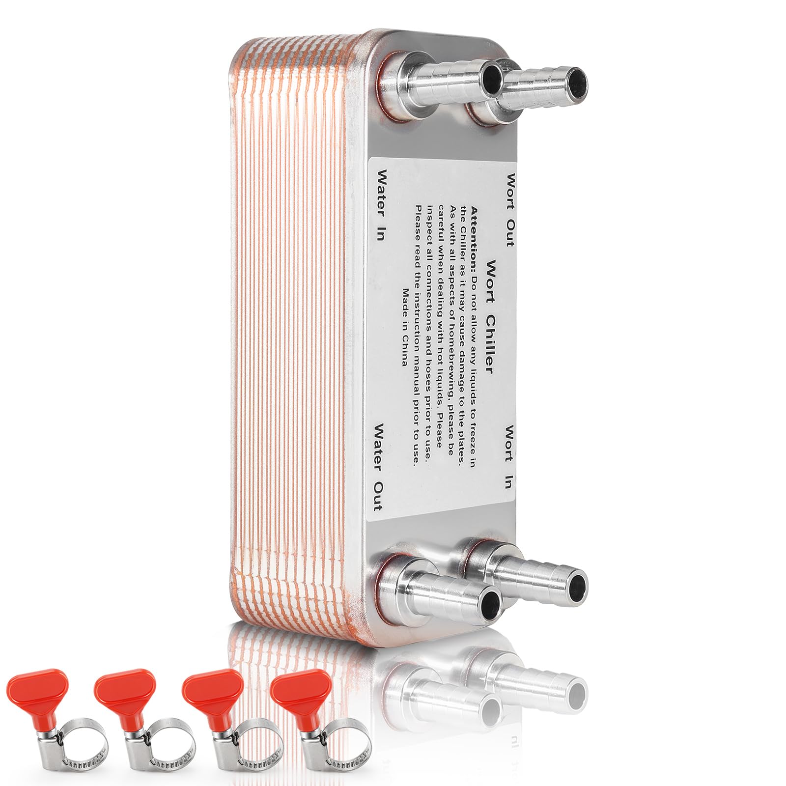 MRbrew Wort Chiller 20 Plates, 1/2 Barb Fitting Connection, Brazed Plate Copper Heat Exchanger for Homebrew, Stainless Steel 7.5
