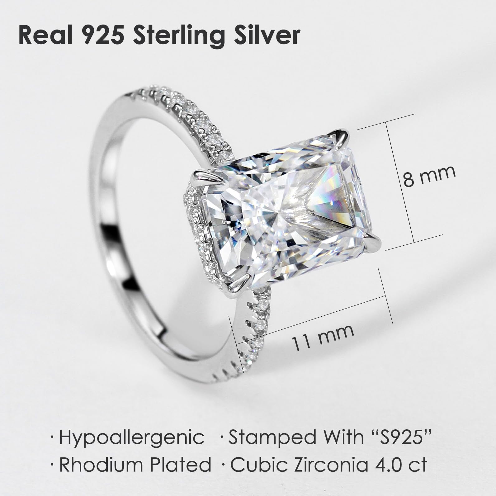 Michooyel S925 4ct Radiant Cut Cubic Zirconia Anelli di fidanzamento per le donne Anello nuziale Anello di promessa Fede nuziale in argento sterling